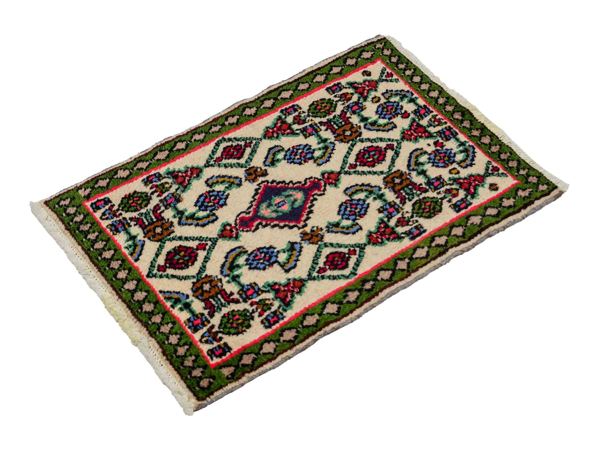 Handgeknüpfter, persischer Hamedan Dorfteppich aus Wolle von Khademi. Größe: 80 x 52 cm. Farbe: Cremeweiß, grün. Verkauf durch JUPITER Intl.