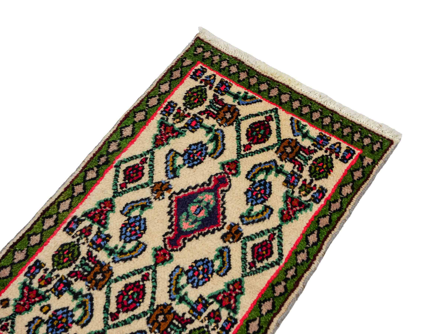 Handgeknüpfter, persischer Hamedan Dorfteppich aus Wolle von Khademi. Größe: 80 x 52 cm. Farbe: Cremeweiß, grün. Verkauf durch JUPITER Intl.