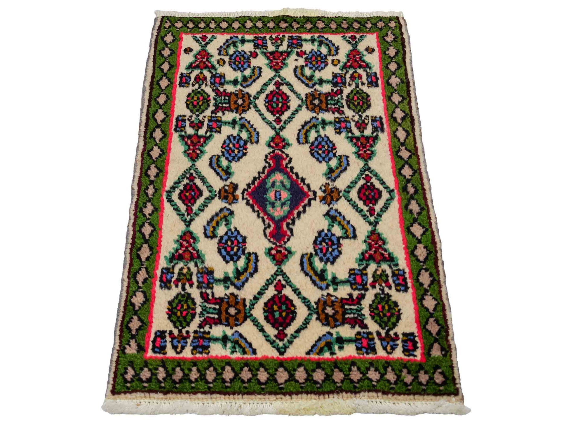 Handgeknüpfter, persischer Hamedan Dorfteppich aus Wolle von Khademi. Größe: 80 x 52 cm. Farbe: Cremeweiß, grün. Verkauf durch JUPITER Intl.