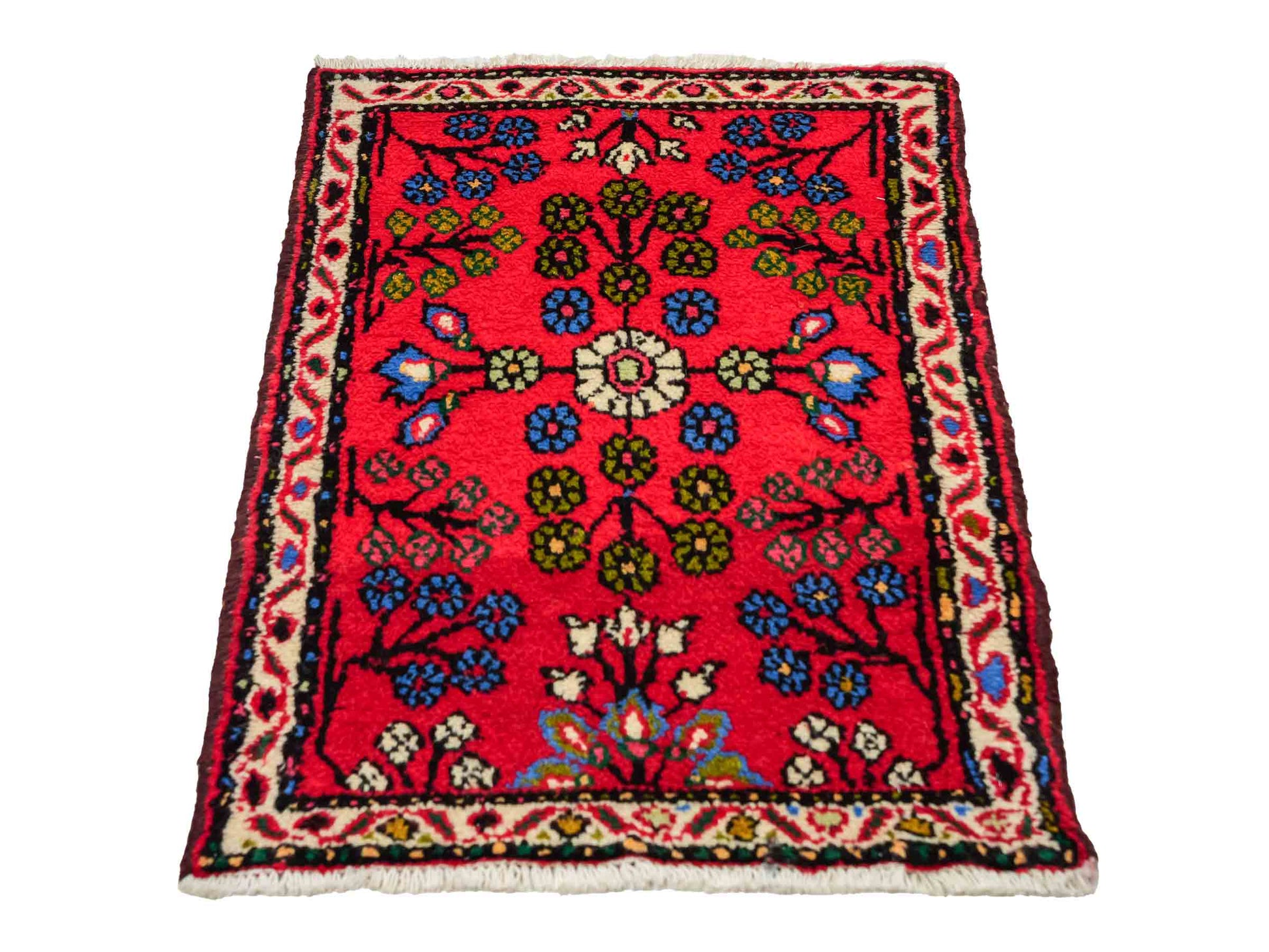 Handgeknüpfter, persischer Hamedan Dorfteppich aus Wolle von Khademi. Größe: 80 x 60 cm. Farbe: Rot. Verkauf durch JUPITER Intl.