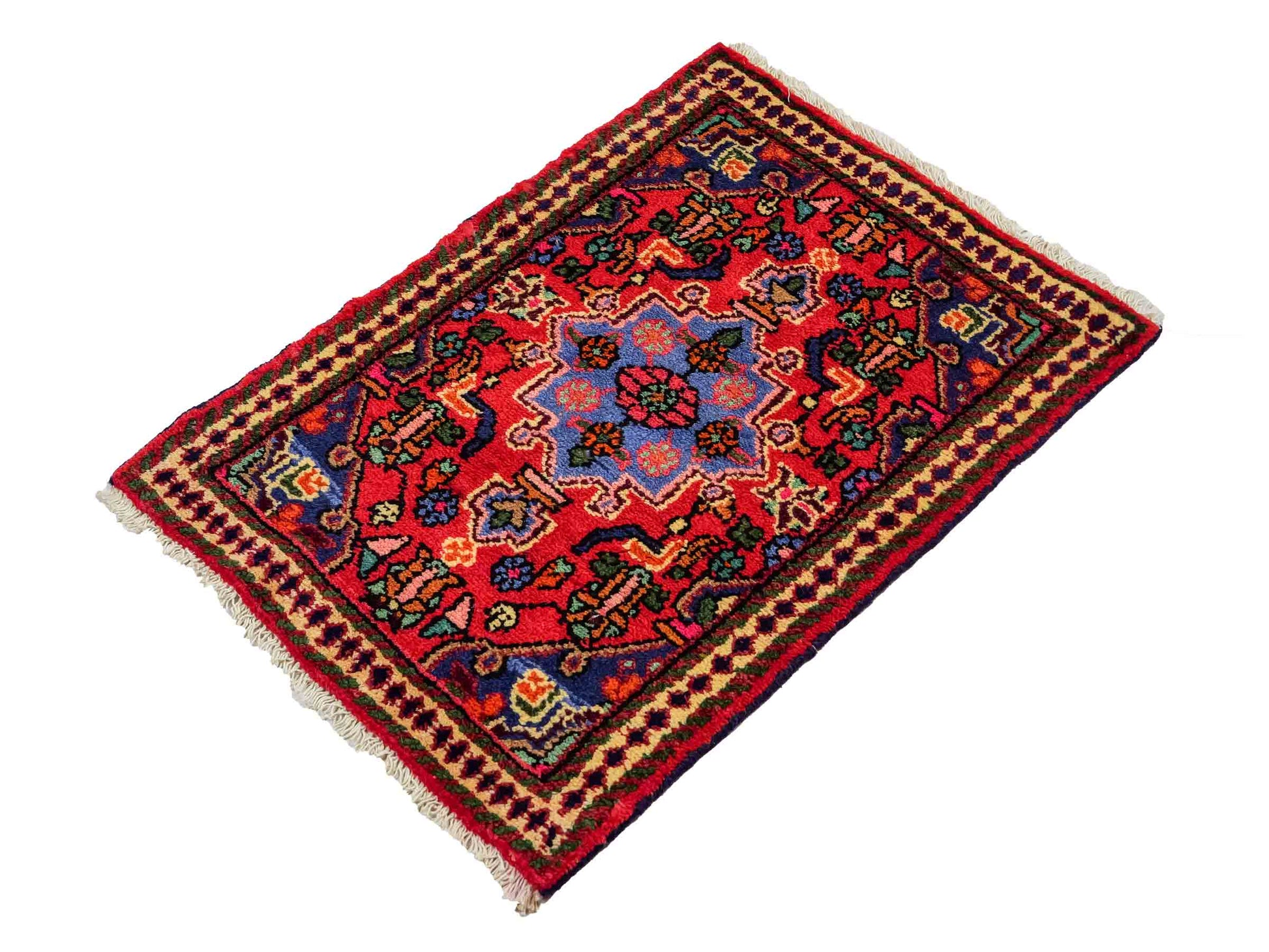 Handgeknüpfter, persischer Hamedan Dorfteppich aus Wolle von Khademi. Größe: 81 x 55 cm. Farbe: Rot. Verkauf durch JUPITER Intl.