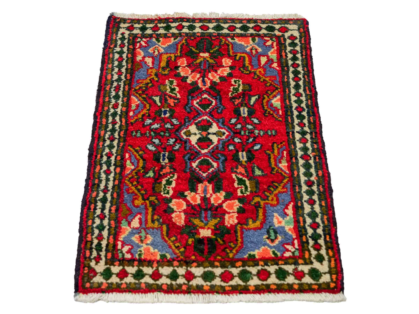 Handgeknüpfter, persischer Hamedan Dorfteppich aus Wolle von Khademi. Größe: 82 x 54 cm. Farbe: Rot. Verkauf durch JUPITER Intl.