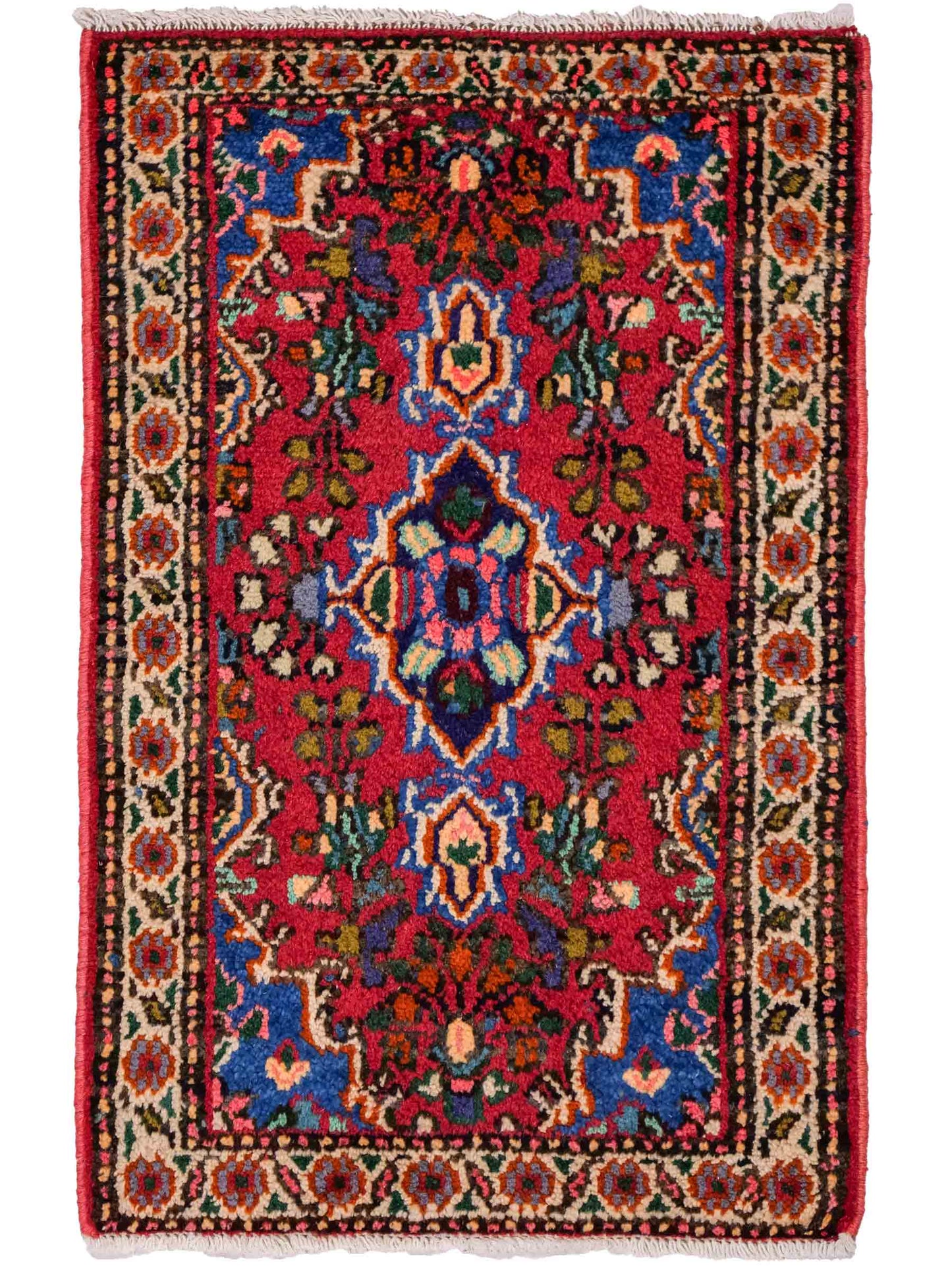 Handgeknüpfter, persischer Hamedan Dorfteppich aus Wolle von Khademi. Größe: 82 x 55 cm. Farbe: Rot. Verkauf durch JUPITER Intl.