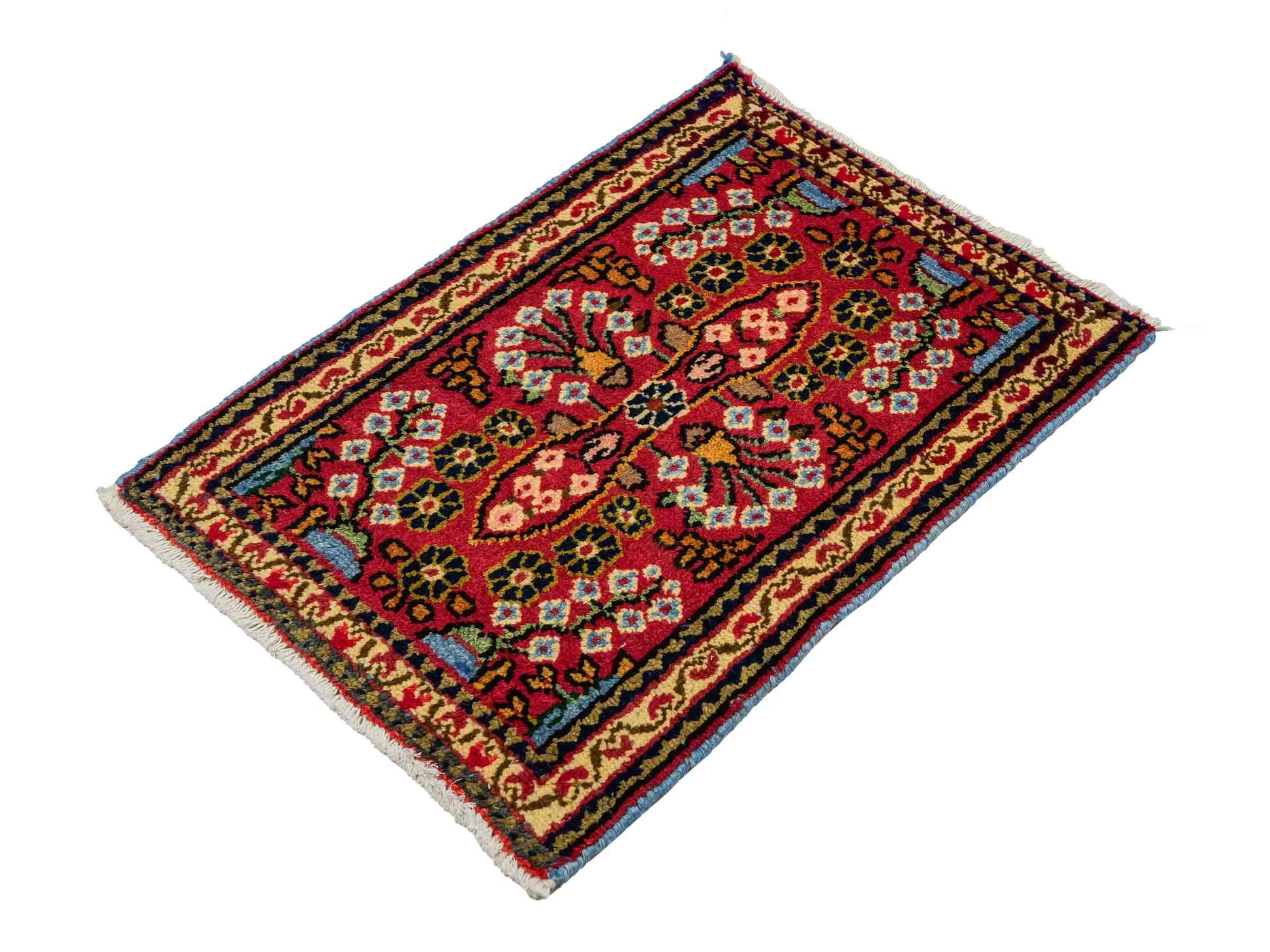 Handgeknüpfter, persischer Hamedan Dorfteppich aus Wolle von Khademi. Größe: 83 x 57 cm. Farbe: Rot. Verkauf durch JUPITER Intl.