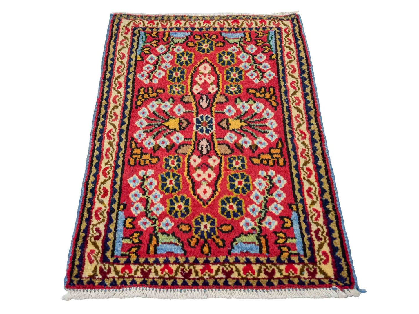 Handgeknüpfter, persischer Hamedan Dorfteppich aus Wolle von Khademi. Größe: 83 x 57 cm. Farbe: Rot. Verkauf durch JUPITER Intl.