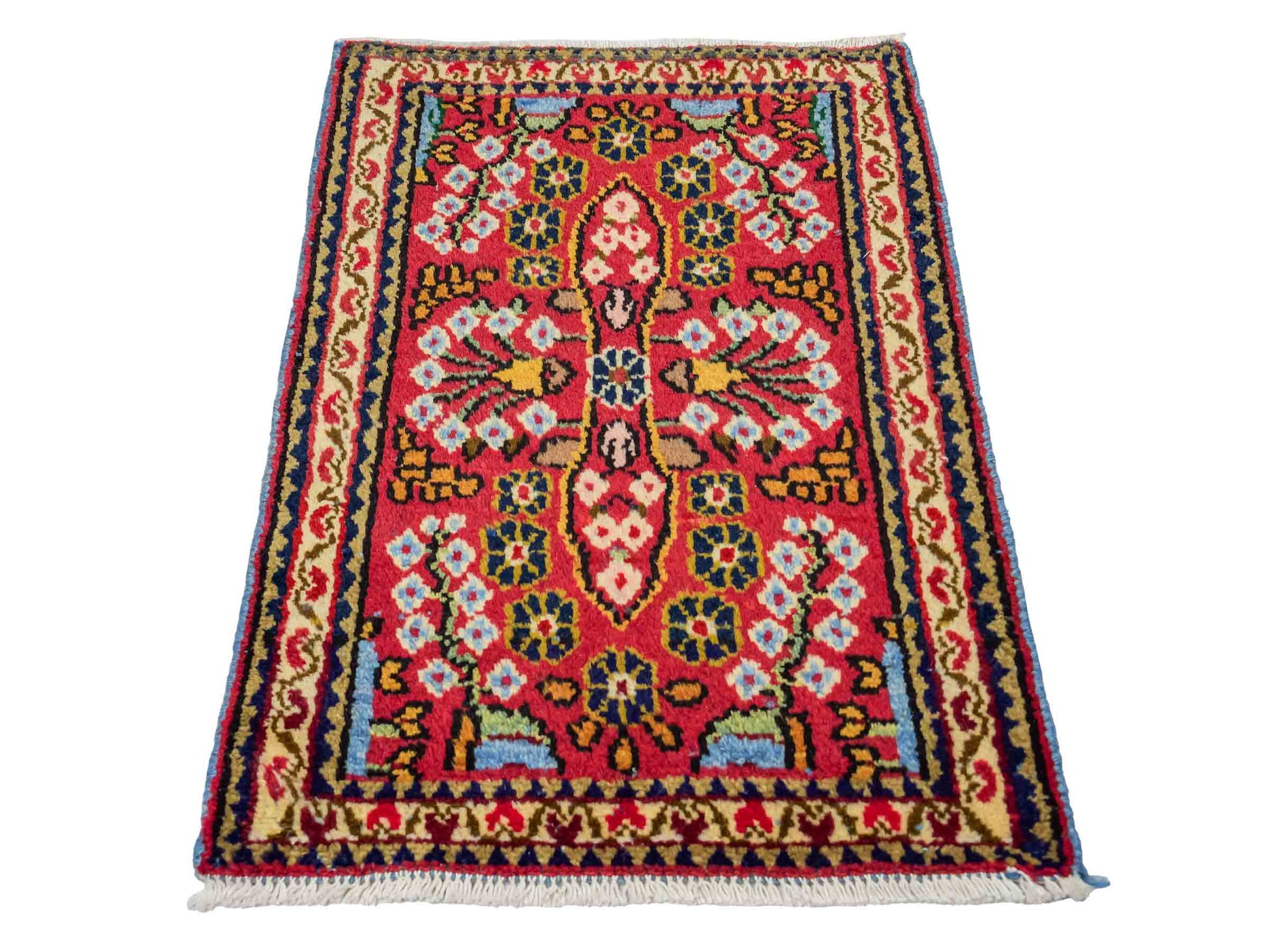 Handgeknüpfter, persischer Hamedan Dorfteppich aus Wolle von Khademi. Größe: 83 x 57 cm. Farbe: Rot. Verkauf durch JUPITER Intl.