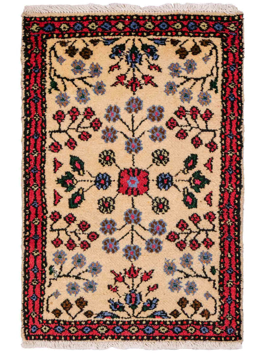 Handgeknüpfter, persischer Hamedan Dorfteppich aus Wolle von Khademi. Größe: 84 x 48 cm. Farbe: Cremeweiß, rot. Verkauf durch JUPITER Intl.