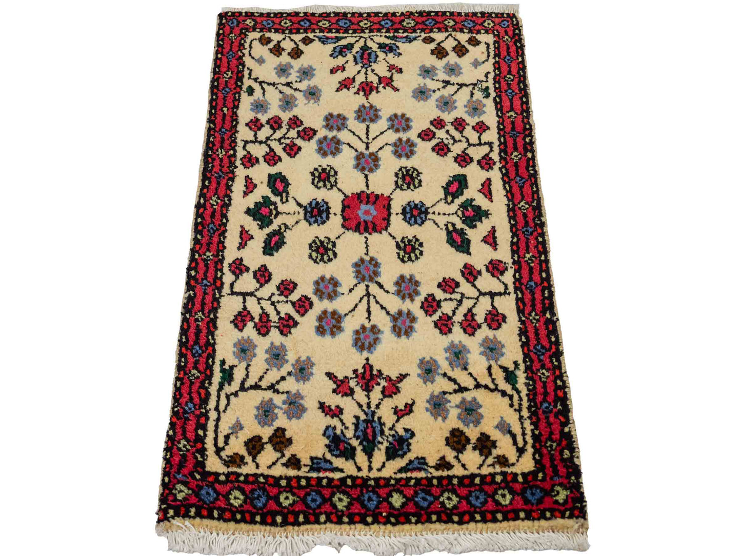 Handgeknüpfter, persischer Hamedan Dorfteppich aus Wolle von Khademi. Größe: 84 x 48 cm. Farbe: Cremeweiß, rot. Verkauf durch JUPITER Intl.