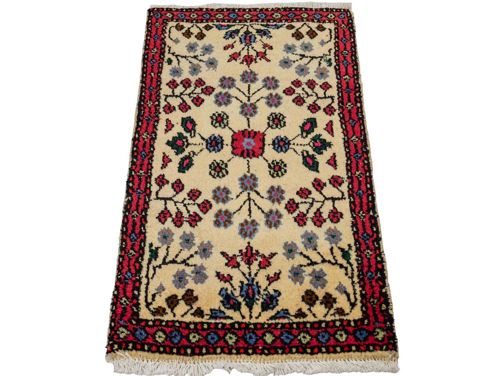 Handgeknüpfter, persischer Hamedan Dorfteppich aus Wolle von Khademi. Größe: 84 x 48 cm. Farbe: Cremeweiß, rot. Verkauf durch JUPITER Intl.
