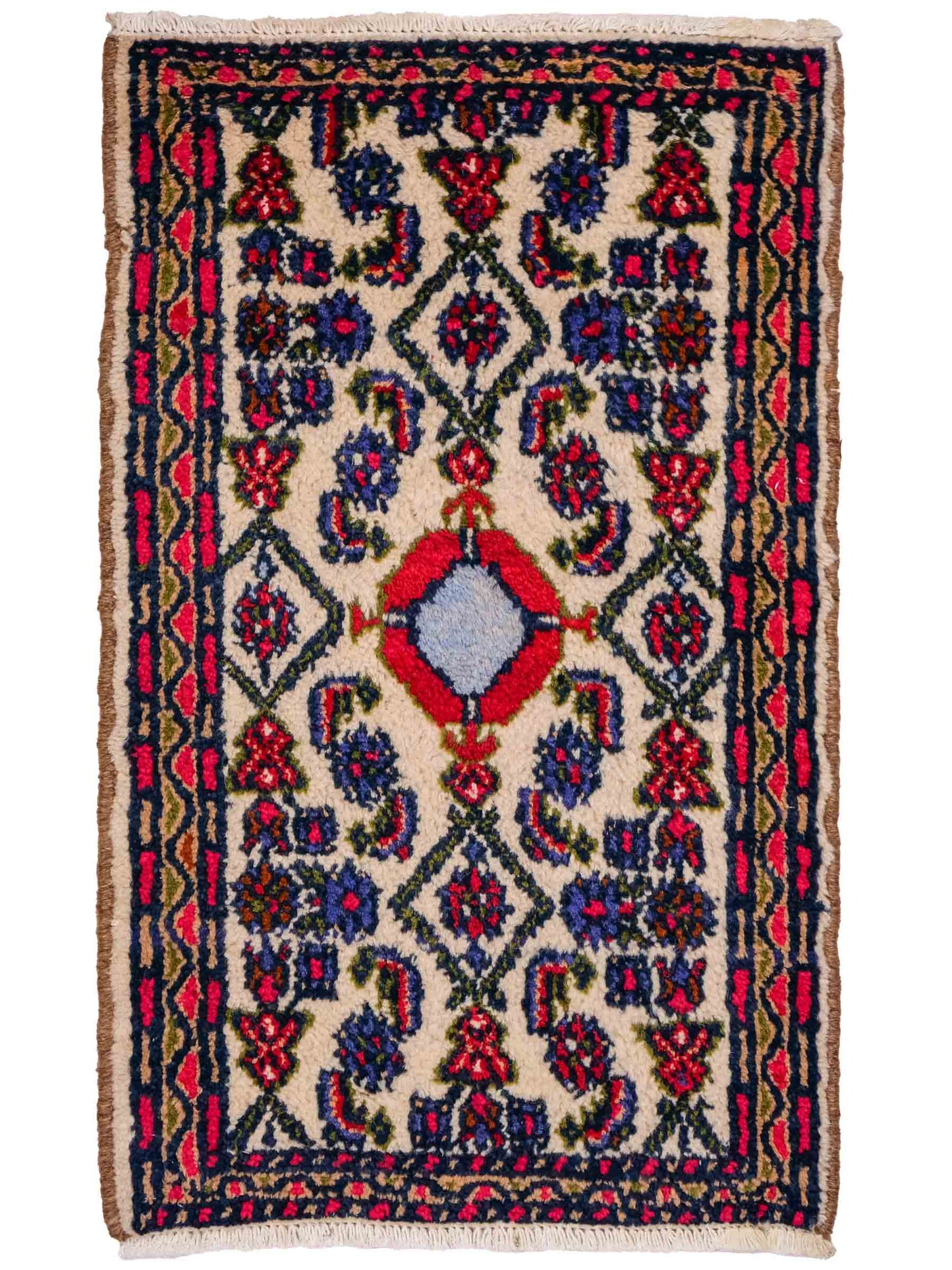 Handgeknüpfter, persischer Hamedan Dorfteppich aus Wolle von Khademi. Größe: 85 x 53 cm. Farbe: Cremeweiß. Verkauf durch JUPITER Intl.