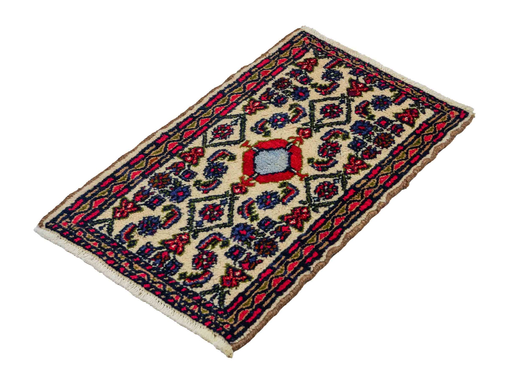 Handgeknüpfter, persischer Hamedan Dorfteppich aus Wolle von Khademi. Größe: 85 x 53 cm. Farbe: Cremeweiß. Verkauf durch JUPITER Intl.