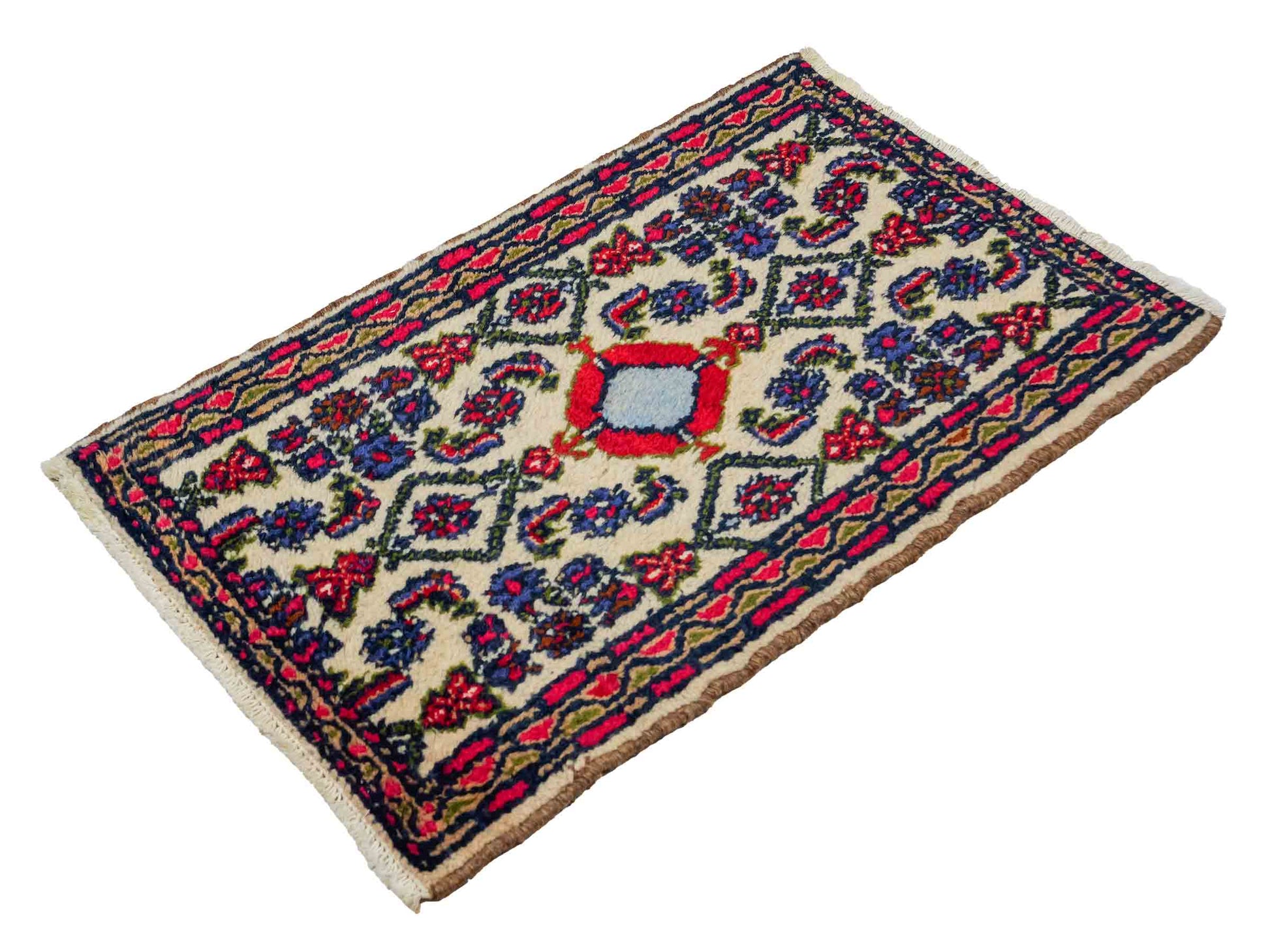 Handgeknüpfter, persischer Hamedan Dorfteppich aus Wolle von Khademi. Größe: 85 x 53 cm. Farbe: Cremeweiß. Verkauf durch JUPITER Intl.