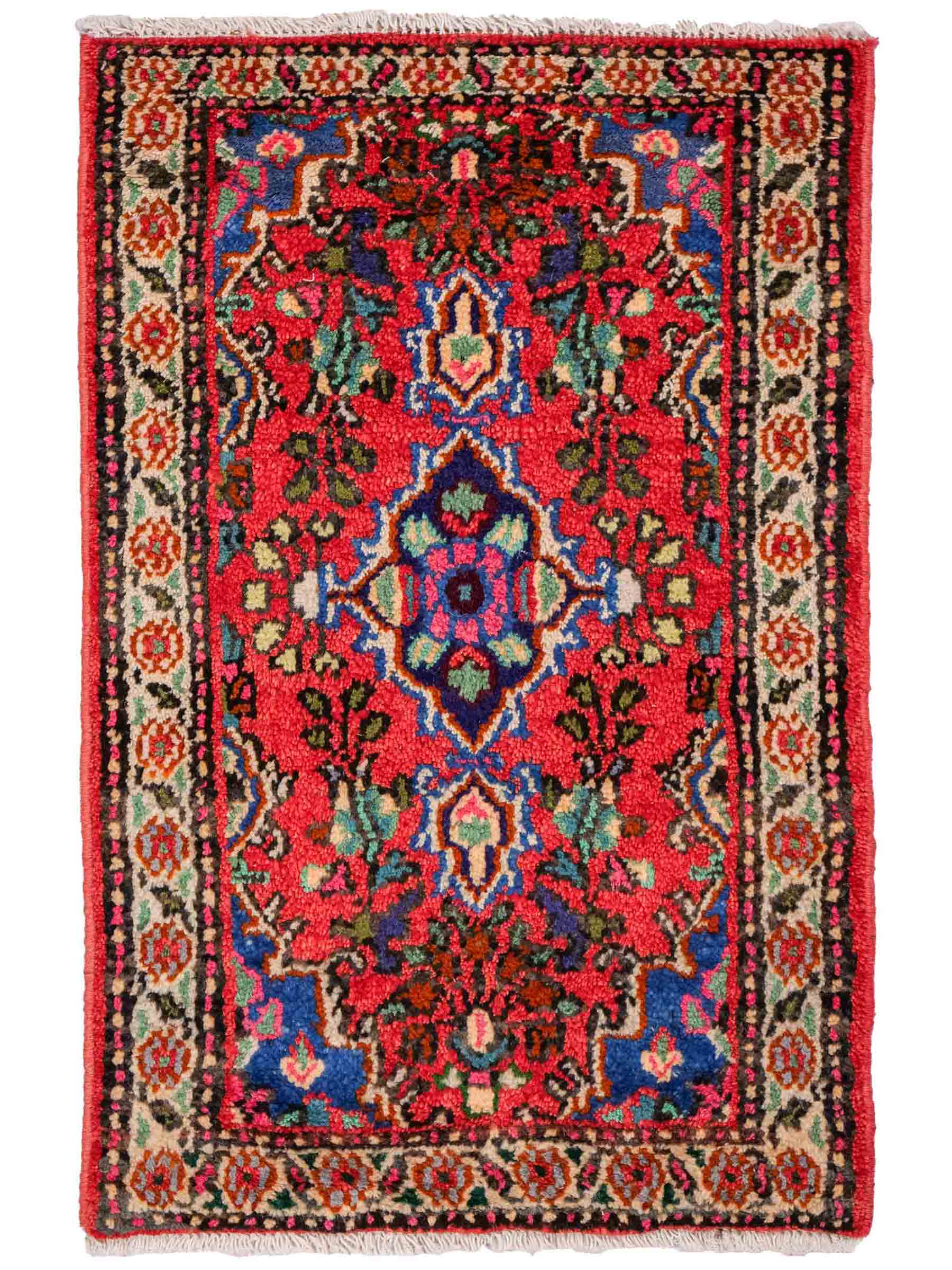 Handgeknüpfter, persischer Hamedan Dorfteppich aus Wolle von Khademi. Größe: 86 x 55 cm. Farbe: Rot. Verkauf durch JUPITER Intl.