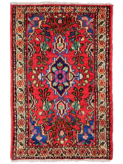 Handgeknüpfter, persischer Hamedan Dorfteppich aus Wolle von Khademi. Größe: 86 x 55 cm. Farbe: Rot. Verkauf durch JUPITER Intl.