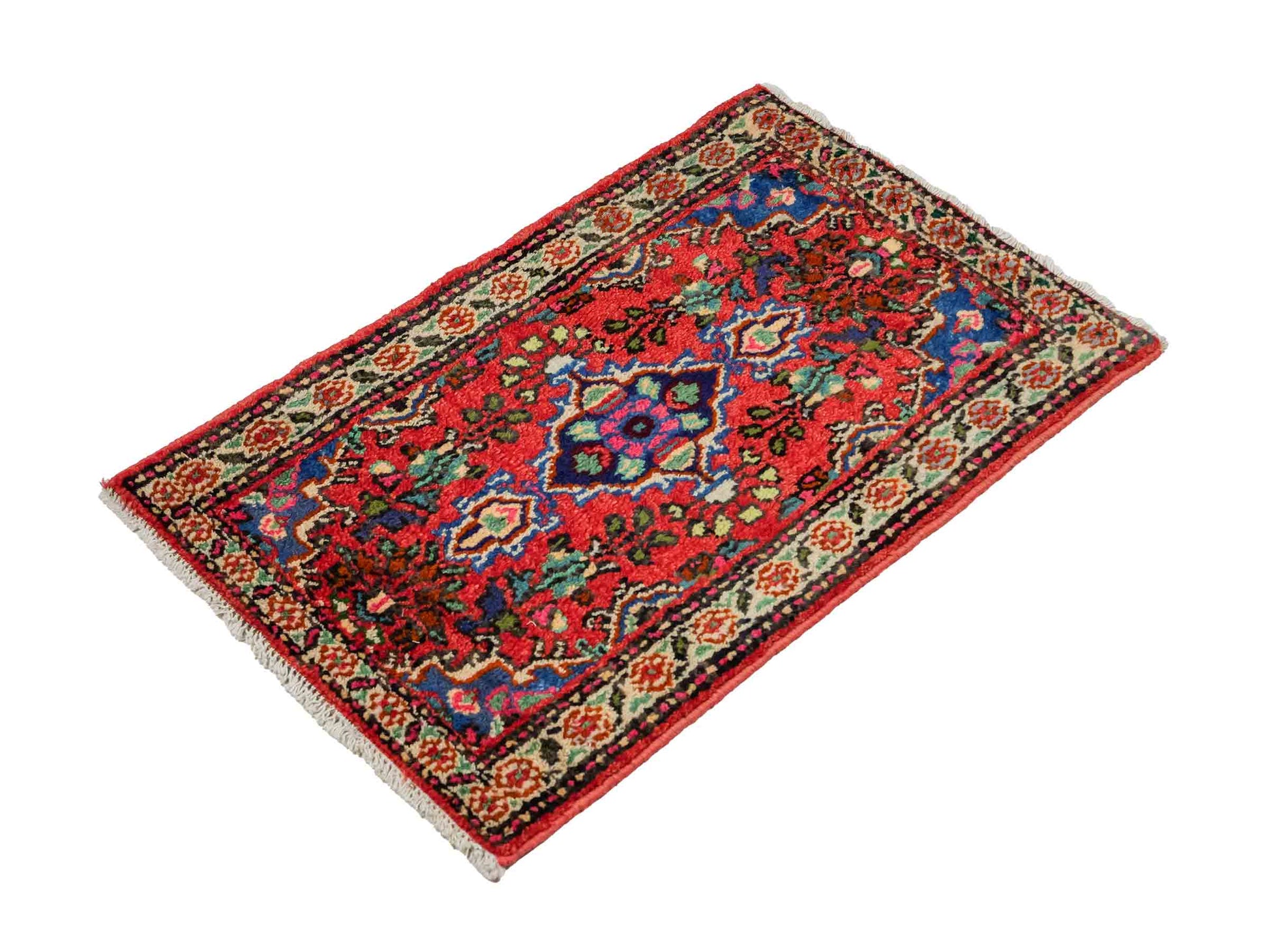 Handgeknüpfter, persischer Hamedan Dorfteppich aus Wolle von Khademi. Größe: 86 x 55 cm. Farbe: Rot. Verkauf durch JUPITER Intl.