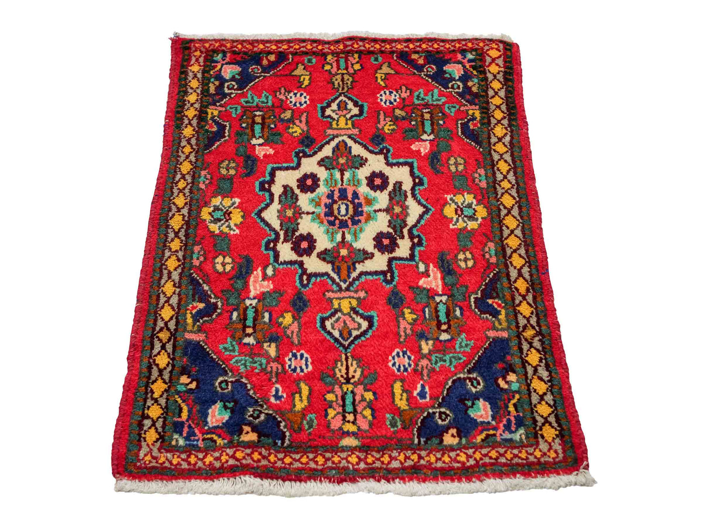 Handgeknüpfter, persischer Hamedan Dorfteppich aus Wolle von Khademi. Größe: 86 x 61 cm. Farbe: Rot. Verkauf durch JUPITER Intl.