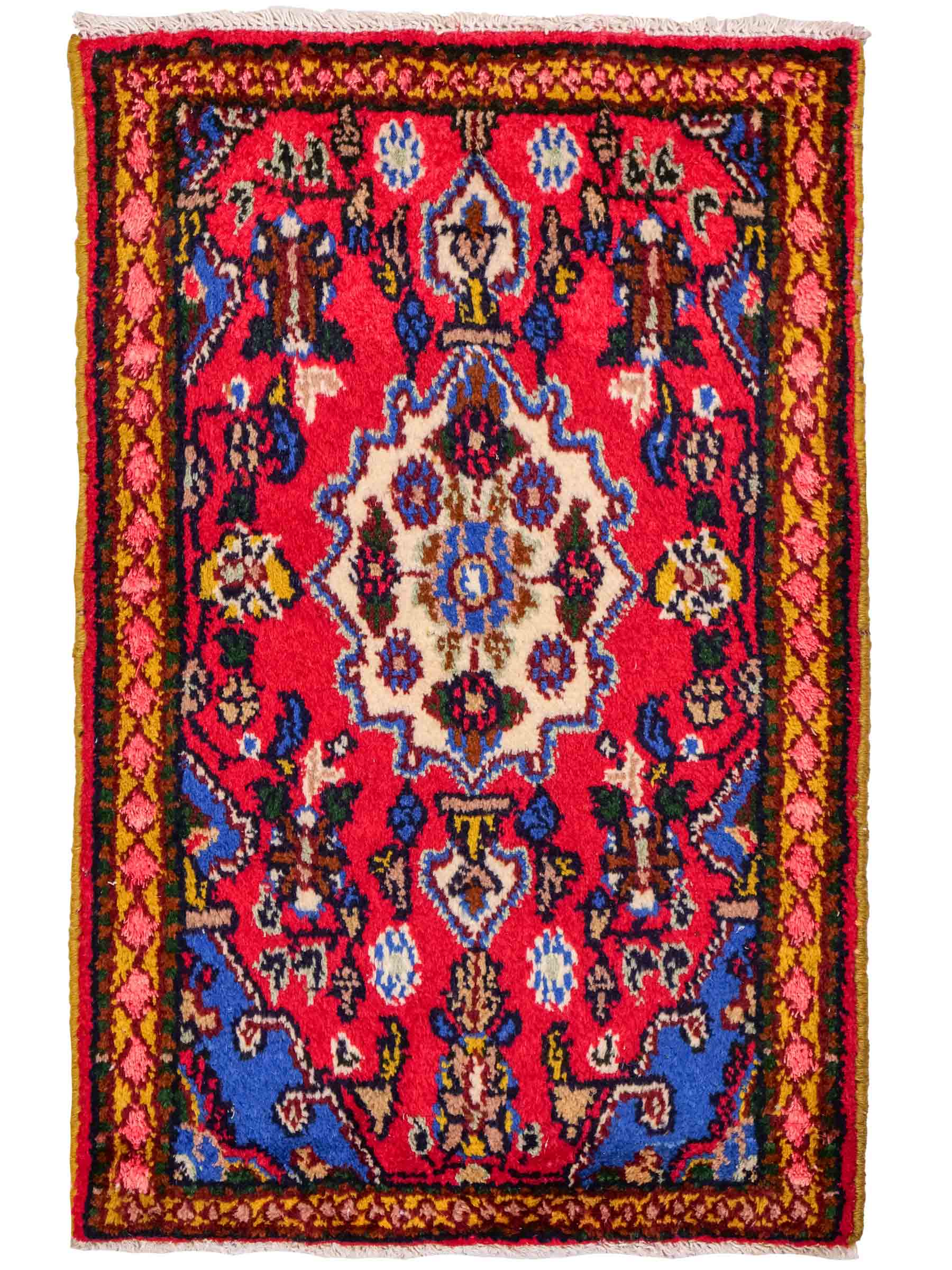 Handgeknüpfter, persischer Hamedan Dorfteppich aus Wolle von Khademi. Größe: 87 x 58 cm. Farbe: Rot. Verkauf durch JUPITER Intl.