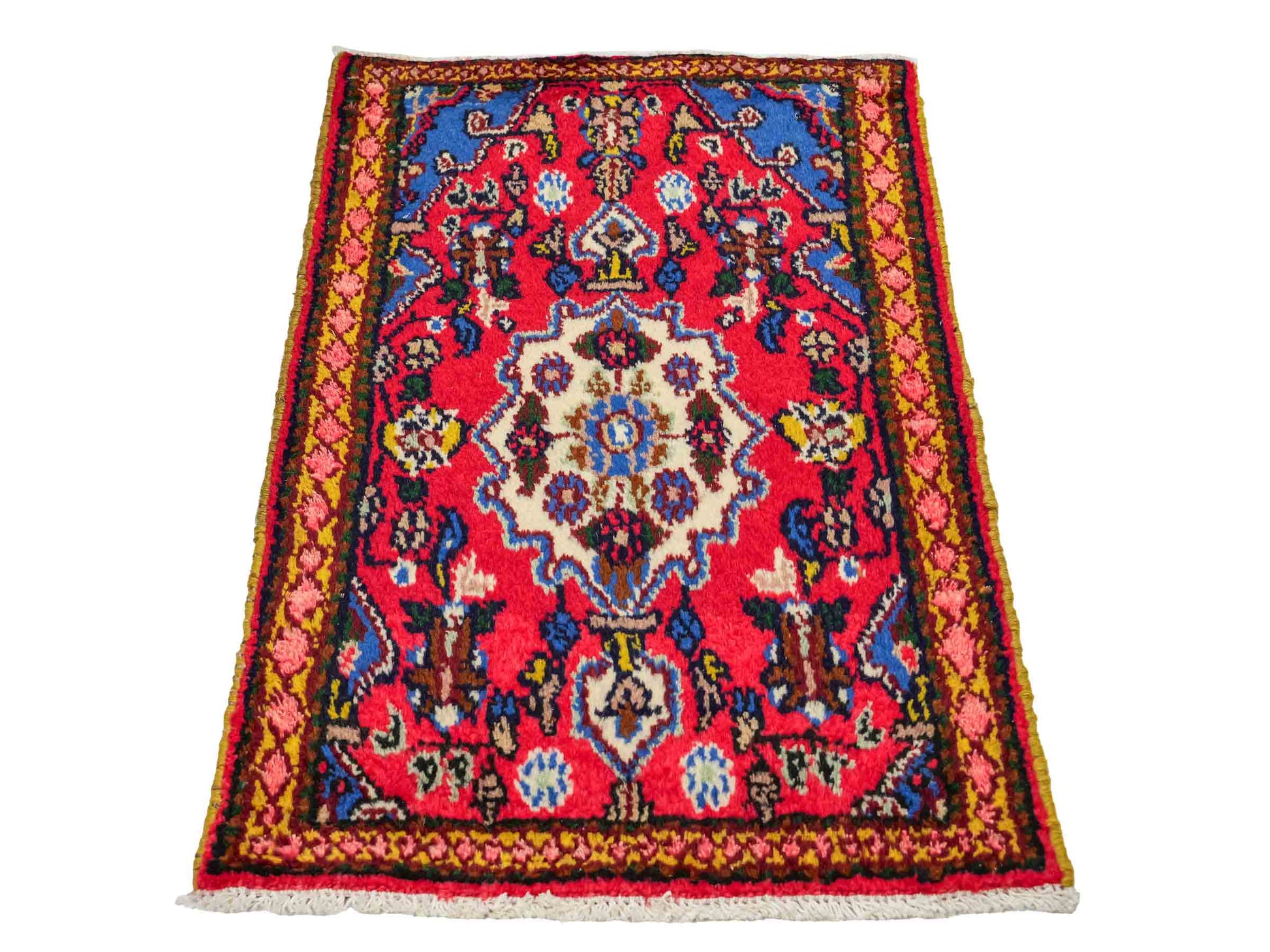 Handgeknüpfter, persischer Hamedan Dorfteppich aus Wolle von Khademi. Größe: 87 x 58 cm. Farbe: Rot. Verkauf durch JUPITER Intl.