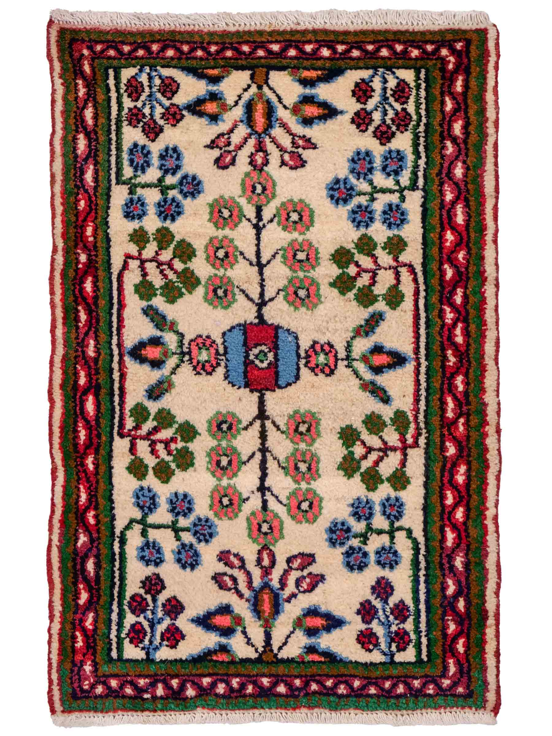 Handgeknüpfter, persischer Hamedan Dorfteppich aus Wolle von Khademi. Größe: 88 x 54 cm. Farbe: Cremeweiß. Verkauf durch JUPITER Intl.