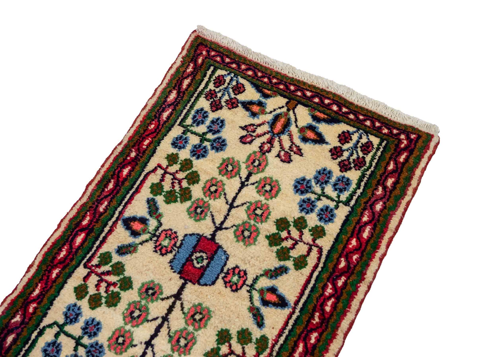 Handgeknüpfter, persischer Hamedan Dorfteppich aus Wolle von Khademi. Größe: 88 x 54 cm. Farbe: Cremeweiß. Verkauf durch JUPITER Intl.