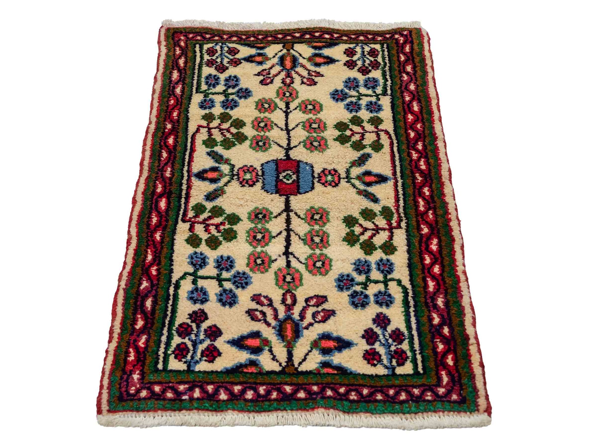 Handgeknüpfter, persischer Hamedan Dorfteppich aus Wolle von Khademi. Größe: 88 x 54 cm. Farbe: Cremeweiß. Verkauf durch JUPITER Intl.