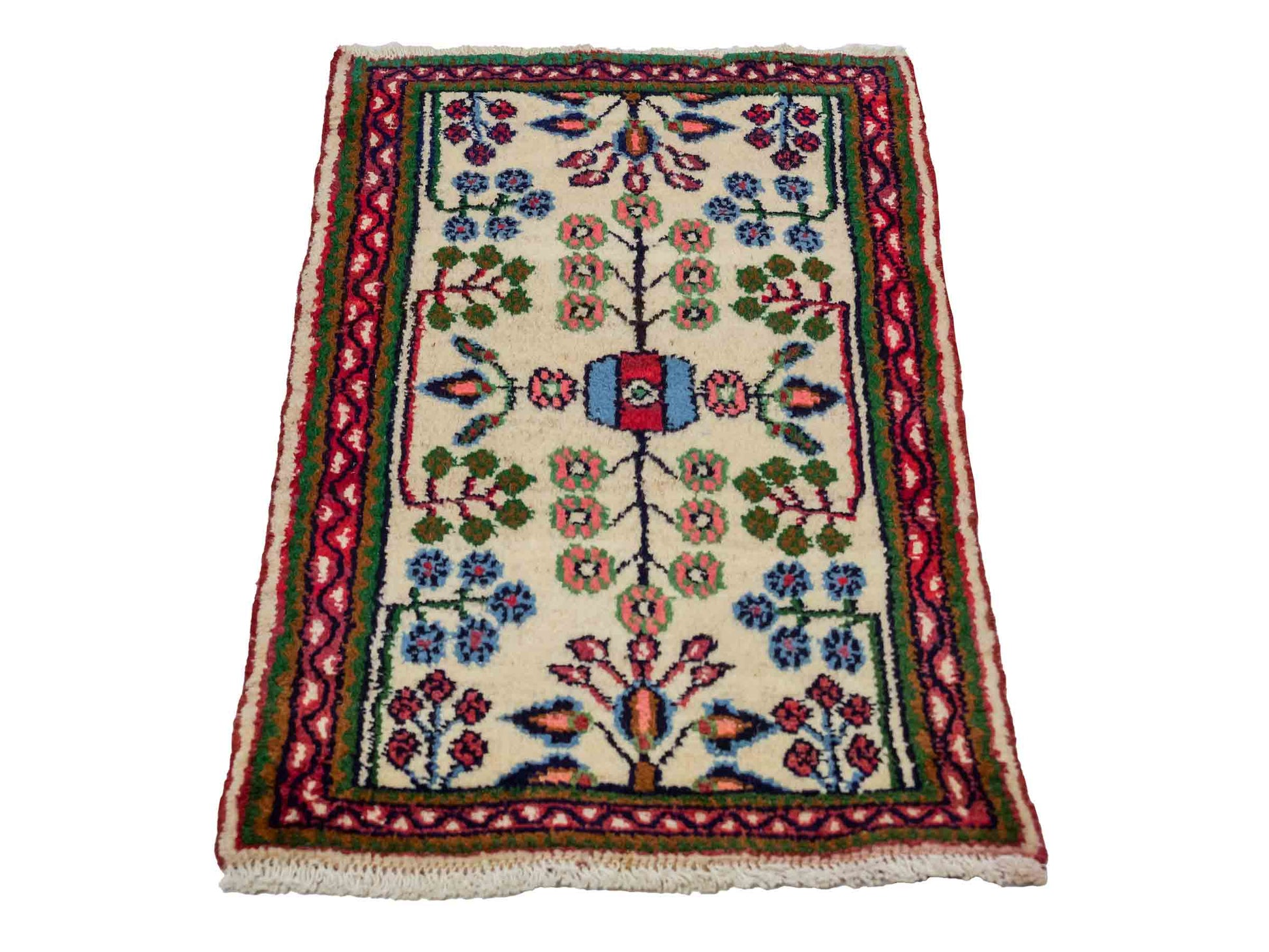 Handgeknüpfter, persischer Hamedan Dorfteppich aus Wolle von Khademi. Größe: 88 x 54 cm. Farbe: Cremeweiß. Verkauf durch JUPITER Intl.
