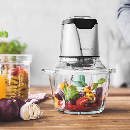 Gastroback 40961 Design Mini Chopper Plus, Edelstahl, schwarz.