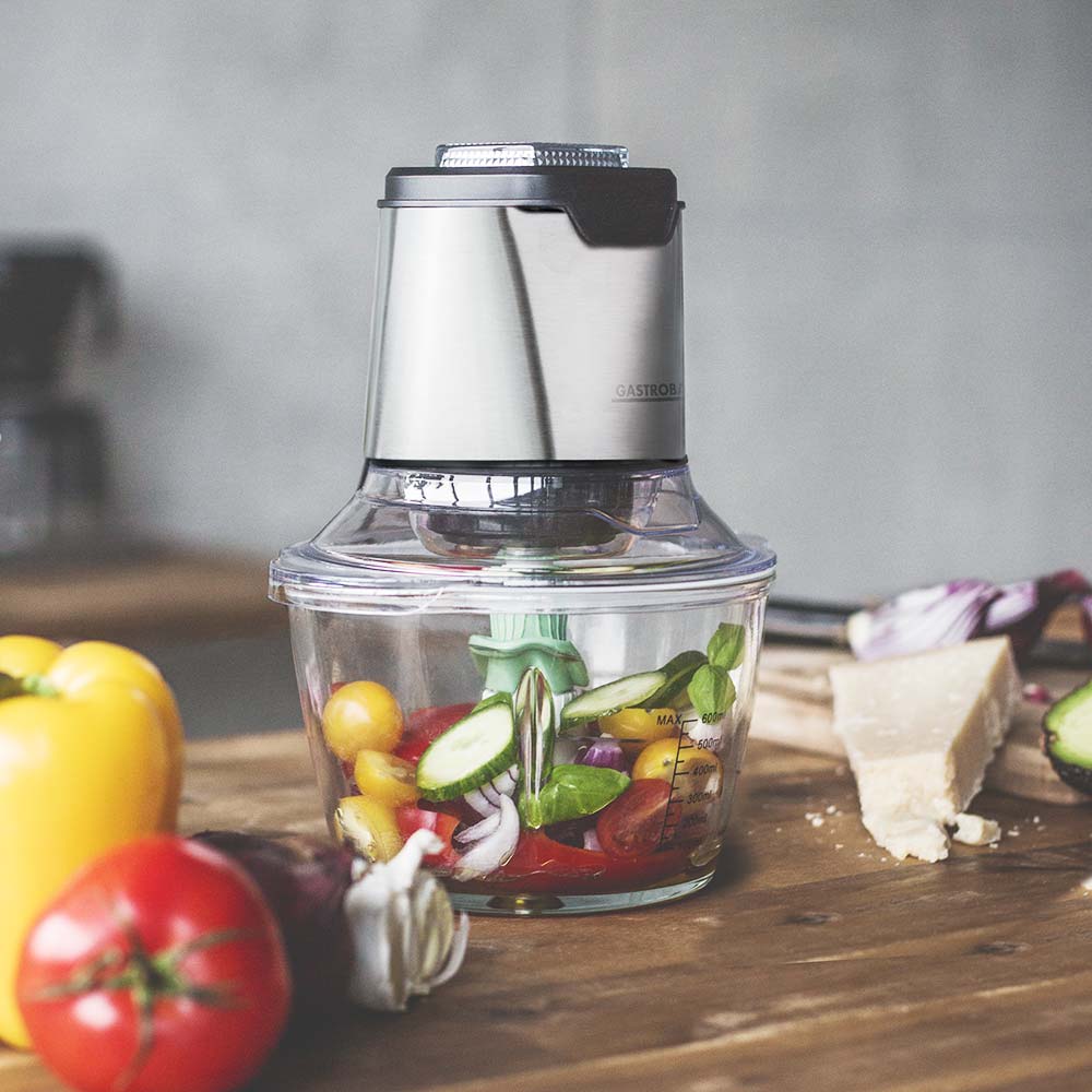 Gastroback 40961 Design Mini Chopper Plus, Edelstahl, schwarz.