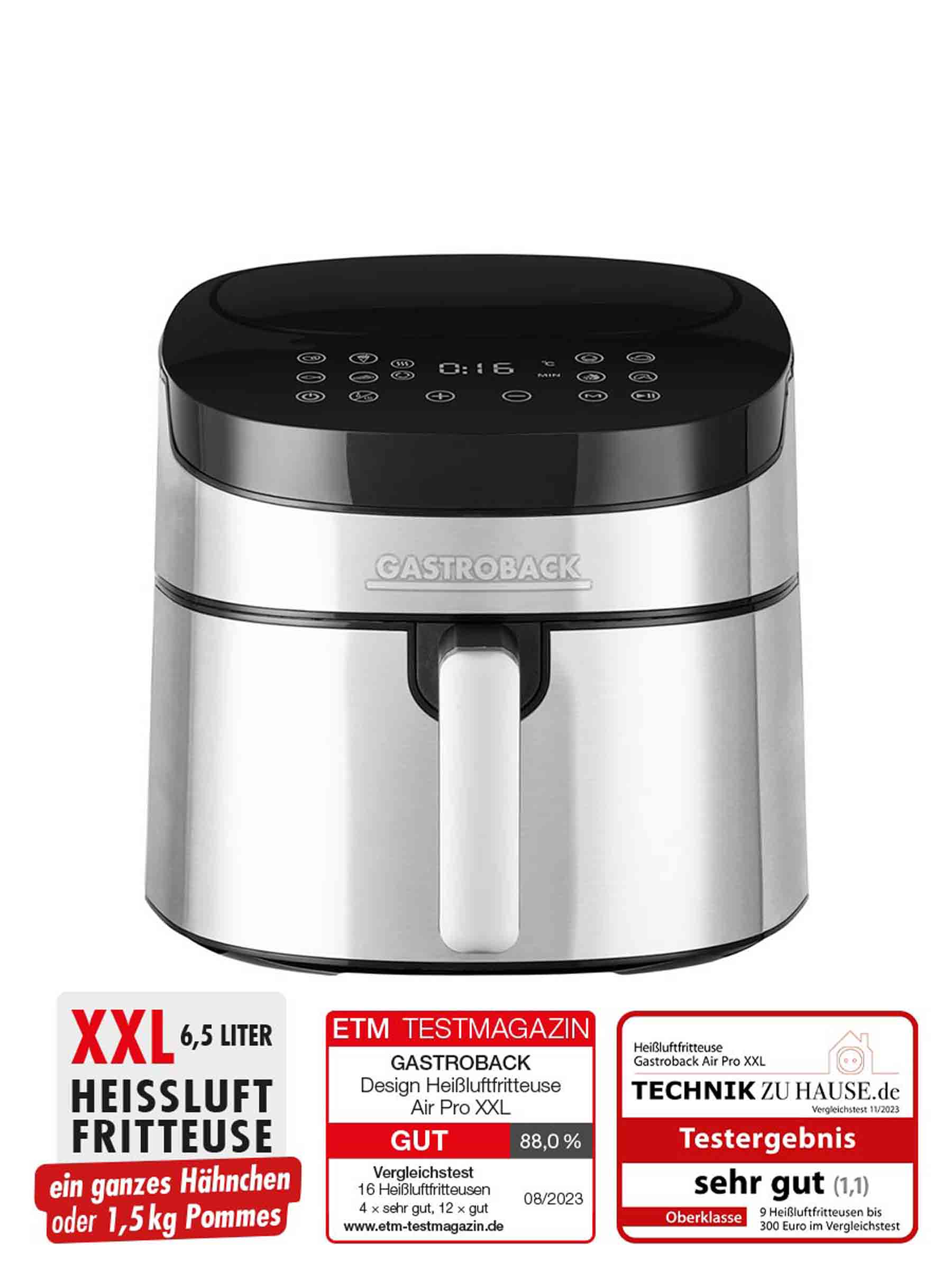 Gastroback Advanced Product 42583 Design Heißluftfritteuse Air Pro XXL, Edelstahl, schwarz.
