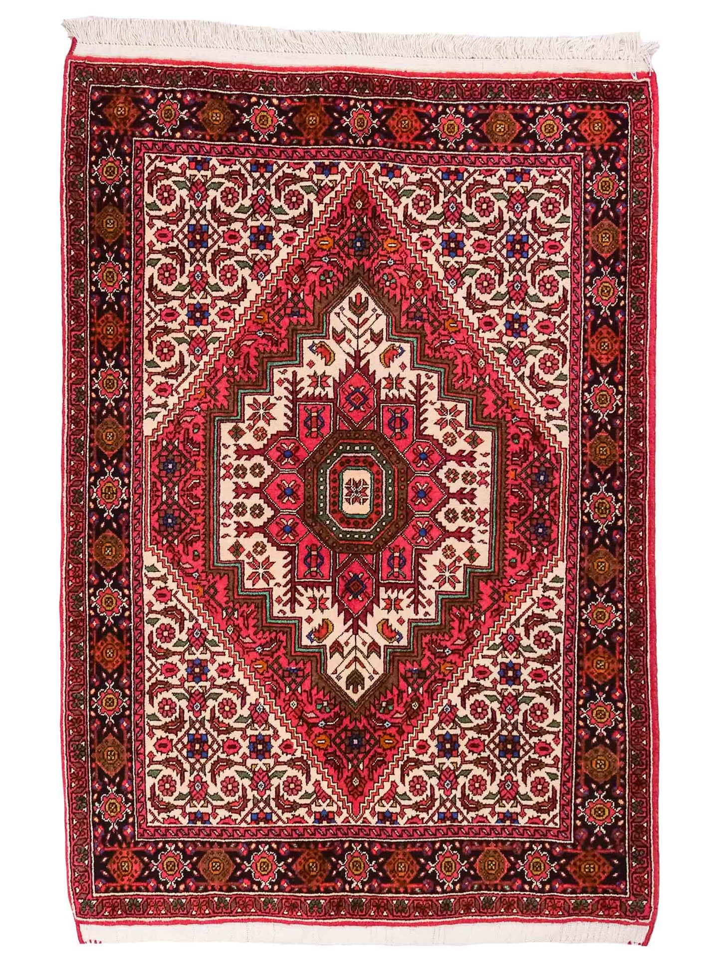 Handgeknüpfter Gholtogh Dorfteppich von Khademi aus Wolle, rot, creme. Feiner, kurdischer Nomadenteppich mit geometrischem Medaillon. Orientteppich, von Hand geknüpft in Iran. Größe: 145 cm x 100 cm. Teppichnummer: SB3-1156 | Jupiter Intl.