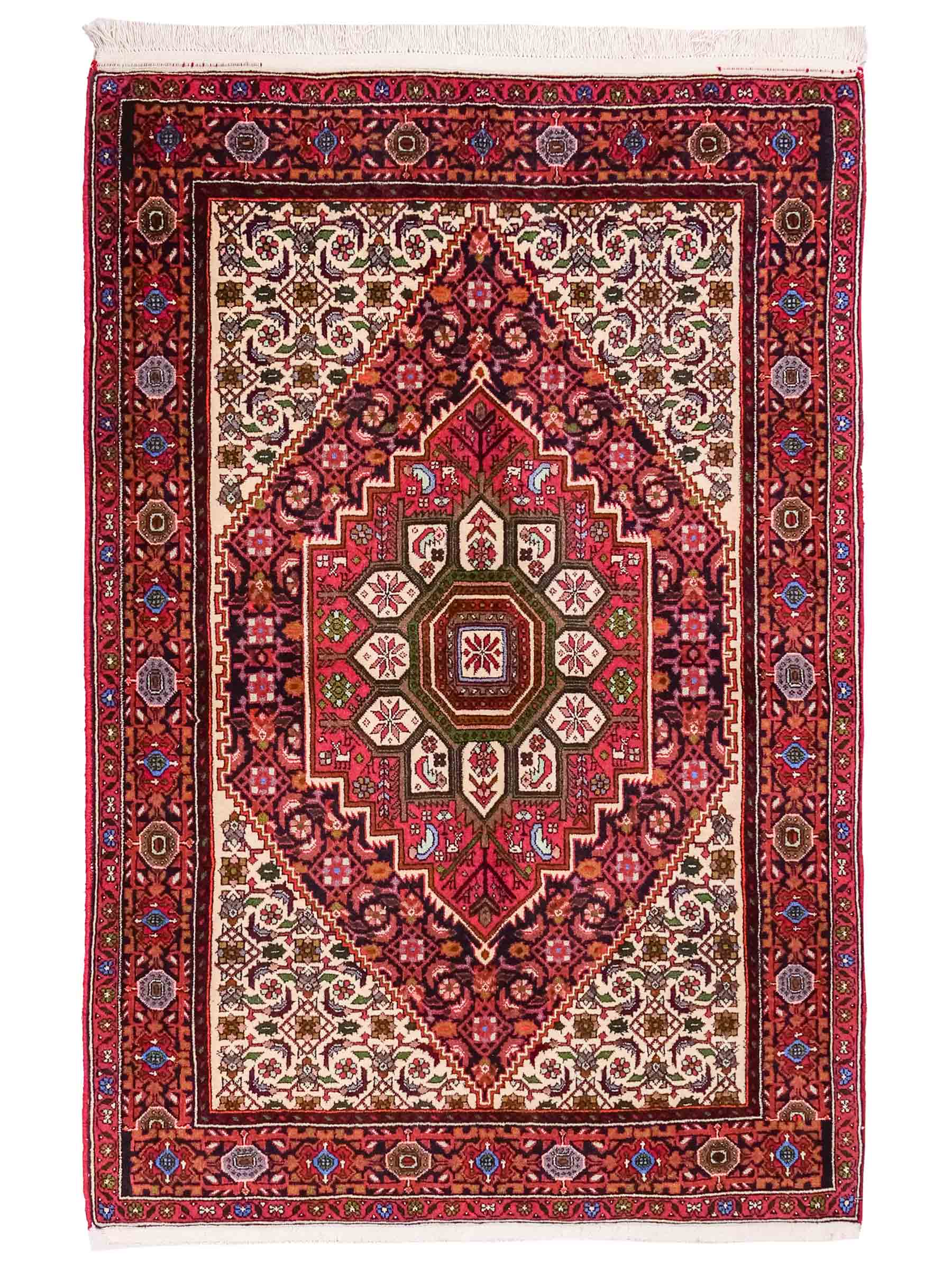 Handgeknüpfter Gholtogh Dorfteppich von Khademi aus Wolle, rot. Feiner, kurdischer Nomadenteppich mit geometrischem Medaillon. Orientteppich, von Hand geknüpft in Iran. Größe: 150 cm x 100 cm. Teppichnummer: SB3-1152 | Jupiter Intl.