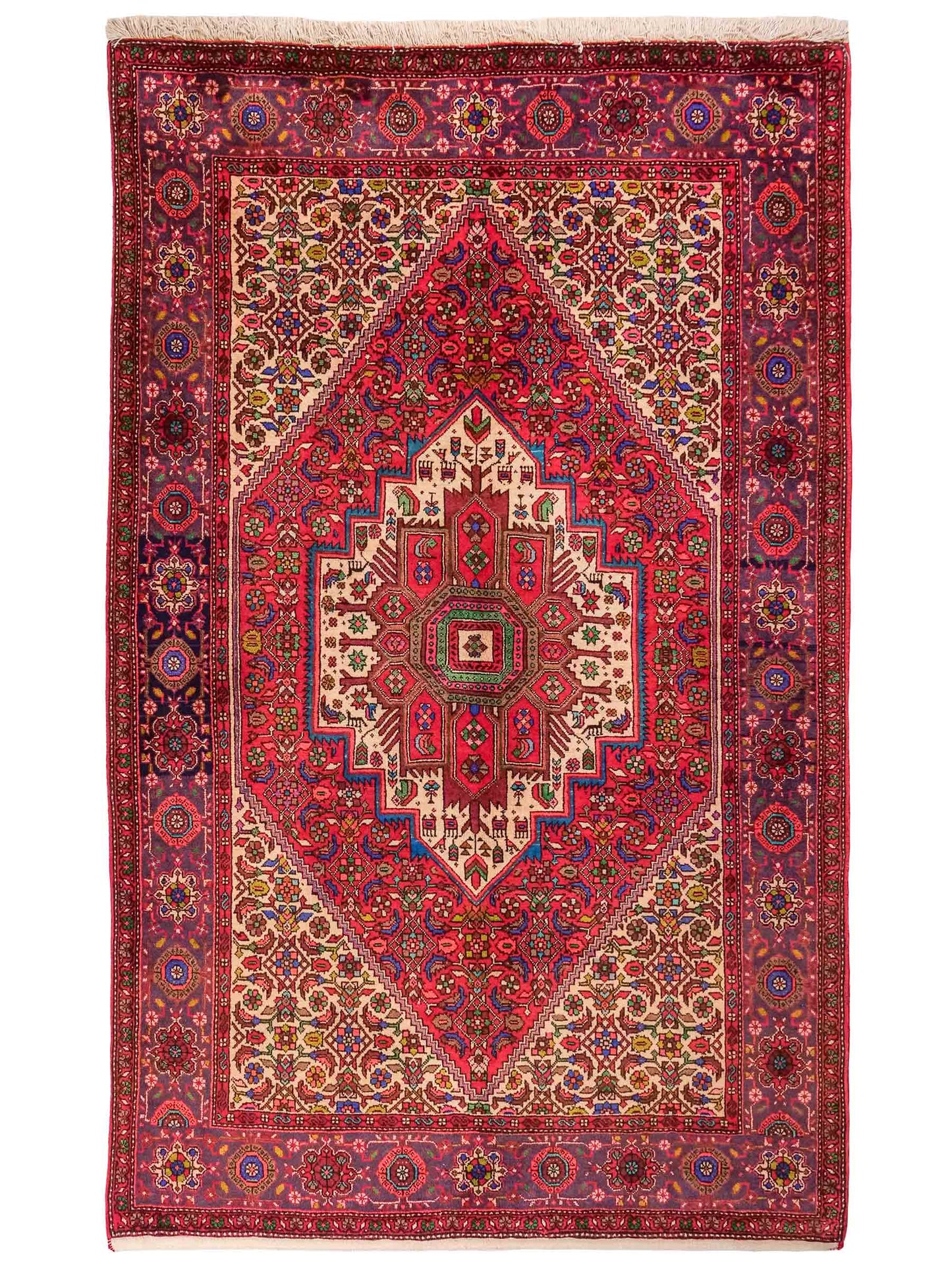 Handgeknüpfter Gholtogh Dorfteppich von Khademi aus Wolle, rot. Feiner, kurdischer Nomadenteppich mit geometrischem Medaillon. Orientteppich, von Hand geknüpft in Iran. Größe: 201 cm x 127 cm. Teppichnummer: SB3-1132 | Jupiter Intl.