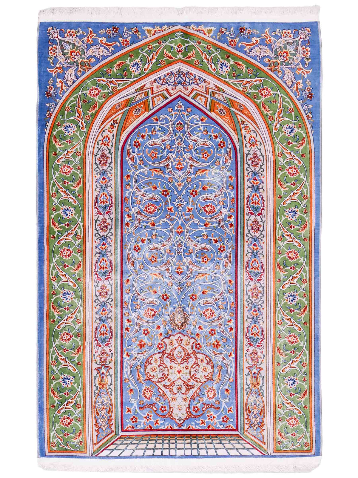 Ghom Gebetsteppich "Dua" 120 x 80 cm gewebt aus Bambusseide (Viskose), islamisches Design, Farbe: Blau-Grün. Teppichnummer: V98BL096M. Persian Luxury Collection by Khademi. Made in Iran / Persia – Vertrieb durch JUPITER Intl.
