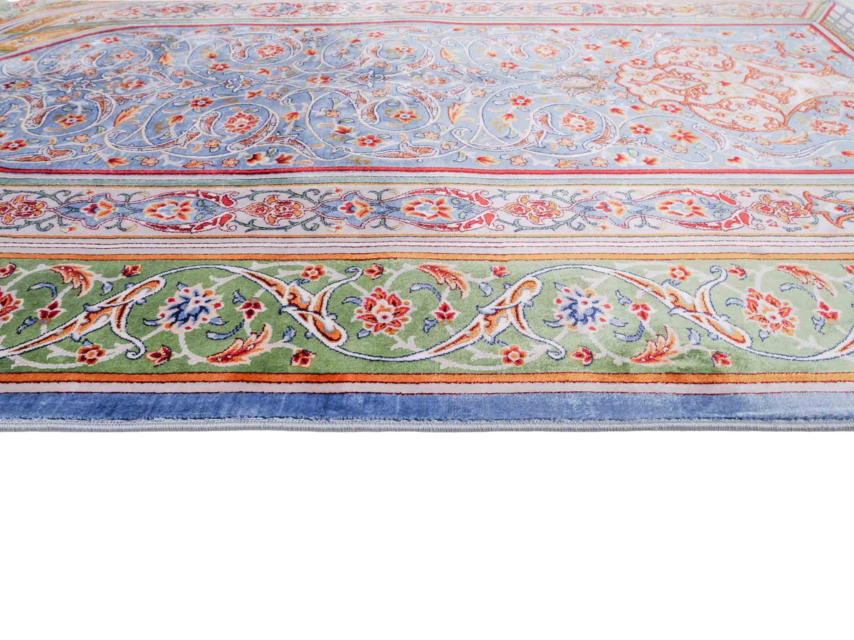 Ghom Gebetsteppich "Dua" 120 x 80 cm gewebt aus Bambusseide (Viskose), islamisches Design, Farbe: Blau-Grün. Teppichnummer: V98BL096M. Persian Luxury Collection by Khademi. Made in Iran / Persia – Vertrieb durch JUPITER Intl.