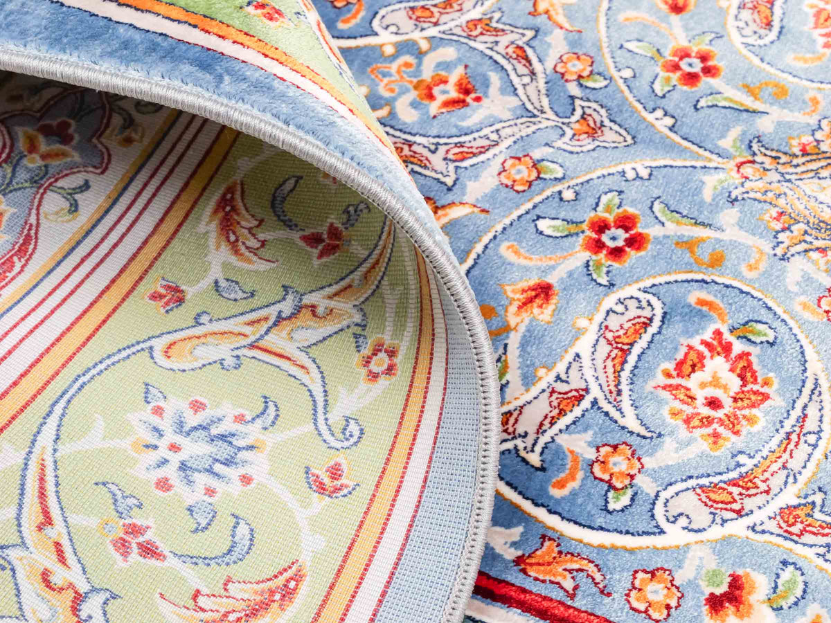 Ghom Gebetsteppich "Dua" 120 x 80 cm gewebt aus Bambusseide (Viskose), islamisches Design, Farbe: Blau-Grün. Teppichnummer: V98BL096M. Persian Luxury Collection by Khademi. Made in Iran / Persia – Vertrieb durch JUPITER Intl.
