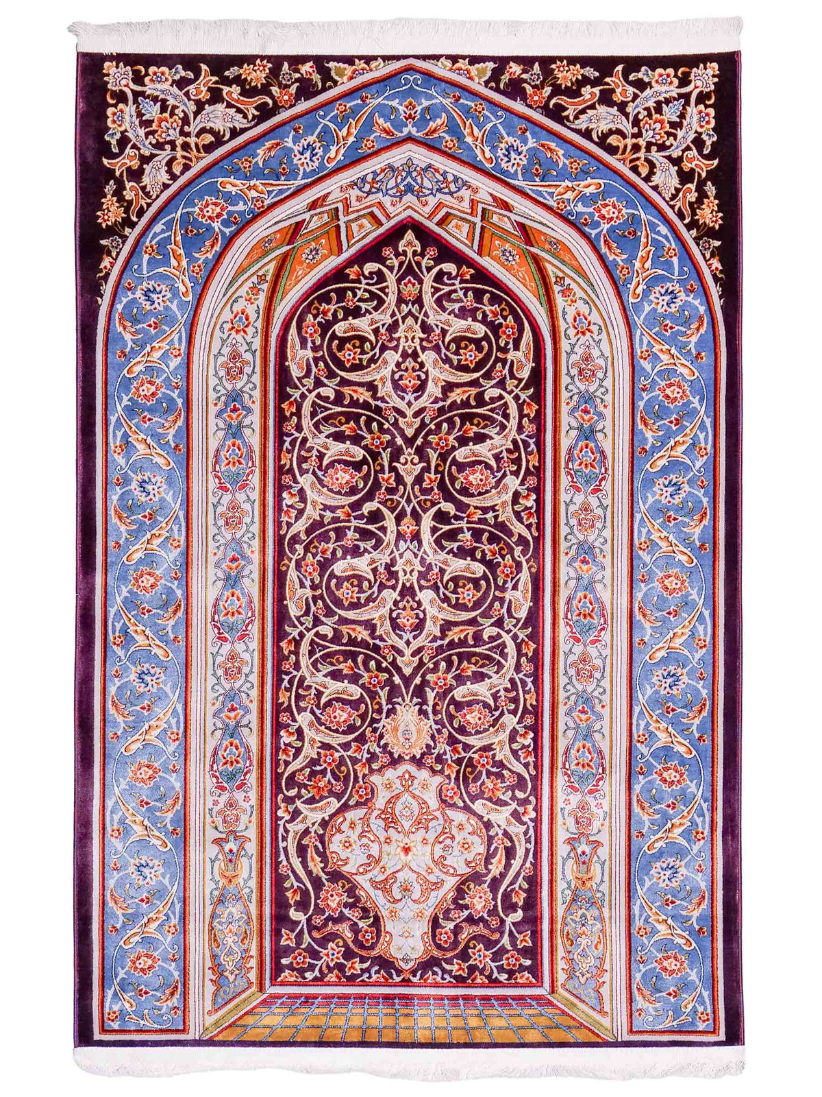 Ghom Gebetsteppich "Dua" 120 x 80 cm gewebt aus Bambusseide (Viskose), islamisches Design, Farbe: Violett-Blau. Teppichnummer: V98AE096M. Persian Luxury Collection by Khademi. Made in Iran / Persia – Vertrieb durch JUPITER Intl.