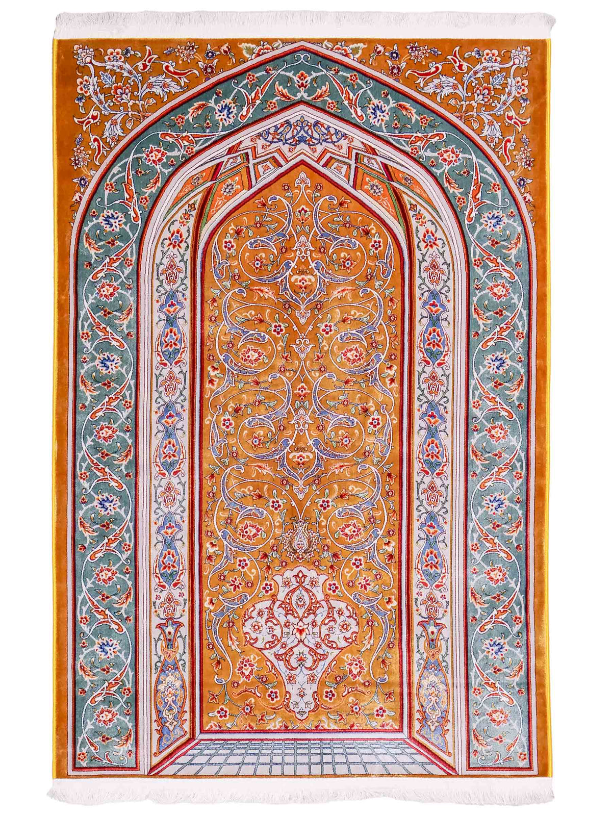 Ghom Gebetsteppich "Dua" 120 x 80 cm gewebt aus Bambusseide (Viskose), islamisches Design, Farbe: Gold-Grün. Teppichnummer: V98GD096M. Persian Luxury Collection by Khademi. Made in Iran / Persia – Vertrieb durch JUPITER Intl.