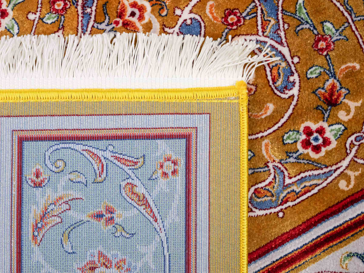 Ghom Gebetsteppich "Dua" 120 x 80 cm gewebt aus Bambusseide (Viskose), islamisches Design, Farbe: Gold-Grün. Teppichnummer: V98GD096M. Persian Luxury Collection by Khademi. Made in Iran / Persia – Vertrieb durch JUPITER Intl.