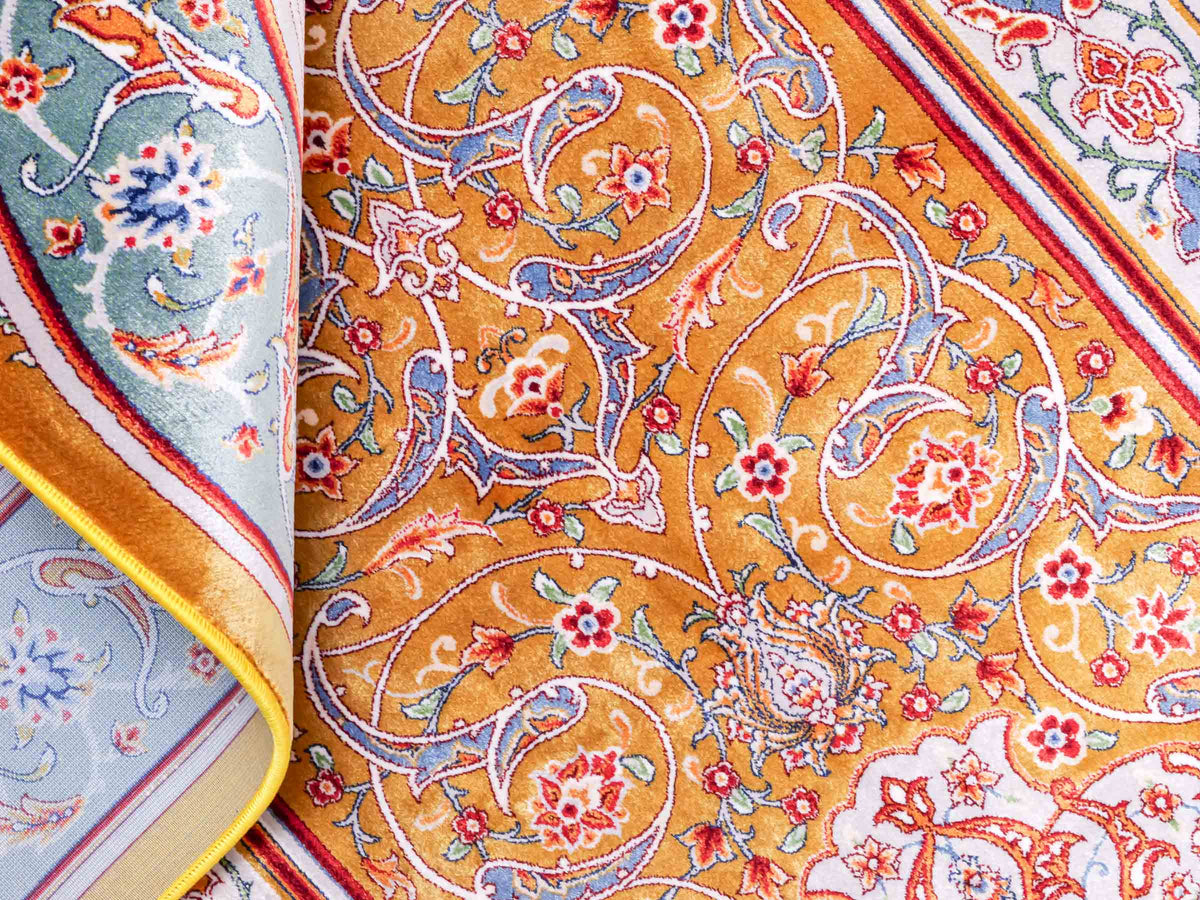 Ghom Gebetsteppich "Dua" 120 x 80 cm gewebt aus Bambusseide (Viskose), islamisches Design, Farbe: Gold-Grün. Teppichnummer: V98GD096M. Persian Luxury Collection by Khademi. Made in Iran / Persia – Vertrieb durch JUPITER Intl.