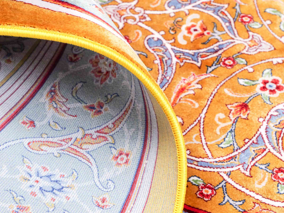 Ghom Gebetsteppich "Dua" 120 x 80 cm gewebt aus Bambusseide (Viskose), islamisches Design, Farbe: Gold-Grün. Teppichnummer: V98GD096M. Persian Luxury Collection by Khademi. Made in Iran / Persia – Vertrieb durch JUPITER Intl.