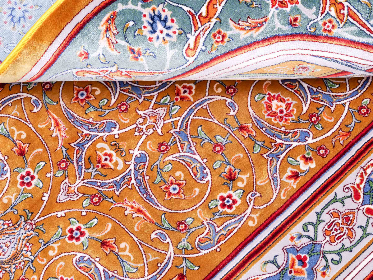 Ghom Gebetsteppich "Dua" 120 x 80 cm gewebt aus Bambusseide (Viskose), islamisches Design, Farbe: Gold-Grün. Teppichnummer: V98GD096M. Persian Luxury Collection by Khademi. Made in Iran / Persia – Vertrieb durch JUPITER Intl.