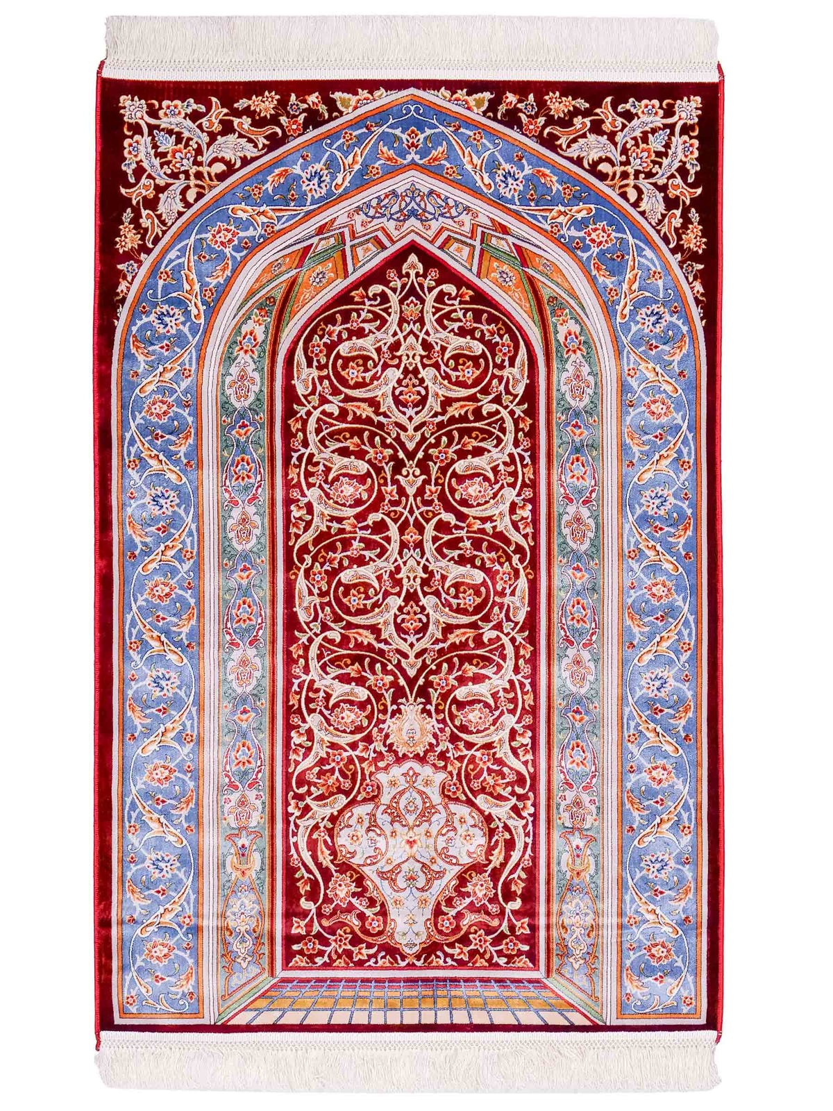 Ghom Gebetsteppich "Dua" 120 x 80 cm gewebt aus Bambusseide (Viskose), islamisches Design, Farbe: Rot-Blau. Teppichnummer: V98RD096M. Persian Luxury Collection by Khademi. Made in Iran / Persia – Vertrieb durch JUPITER Intl.