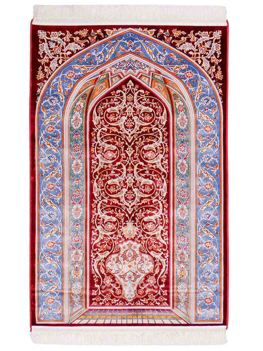 Ghom Gebetsteppich "Dua" 120 x 80 cm gewebt aus Bambusseide (Viskose), islamisches Design, Farbe: Rot-Blau. Teppichnummer: V98RD096M. Persian Luxury Collection by Khademi. Made in Iran / Persia – Vertrieb durch JUPITER Intl.