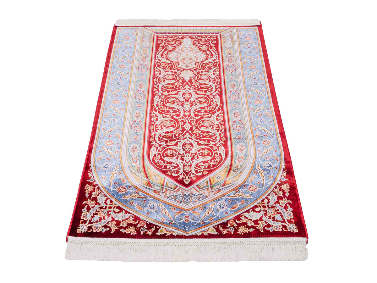 Ghom Gebetsteppich "Dua" 120 x 80 cm gewebt aus Bambusseide (Viskose), islamisches Design, Farbe: Rot-Blau. Teppichnummer: V98RD096M. Persian Luxury Collection by Khademi. Made in Iran / Persia – Vertrieb durch JUPITER Intl.