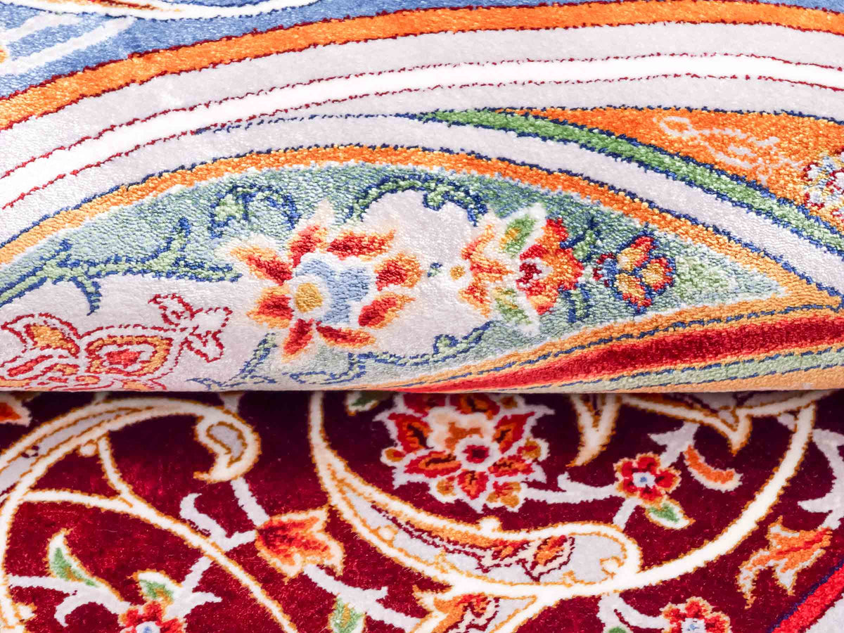 Ghom Gebetsteppich "Dua" 120 x 80 cm gewebt aus Bambusseide (Viskose), islamisches Design, Farbe: Rot-Blau. Teppichnummer: V98RD096M. Persian Luxury Collection by Khademi. Made in Iran / Persia – Vertrieb durch JUPITER Intl.