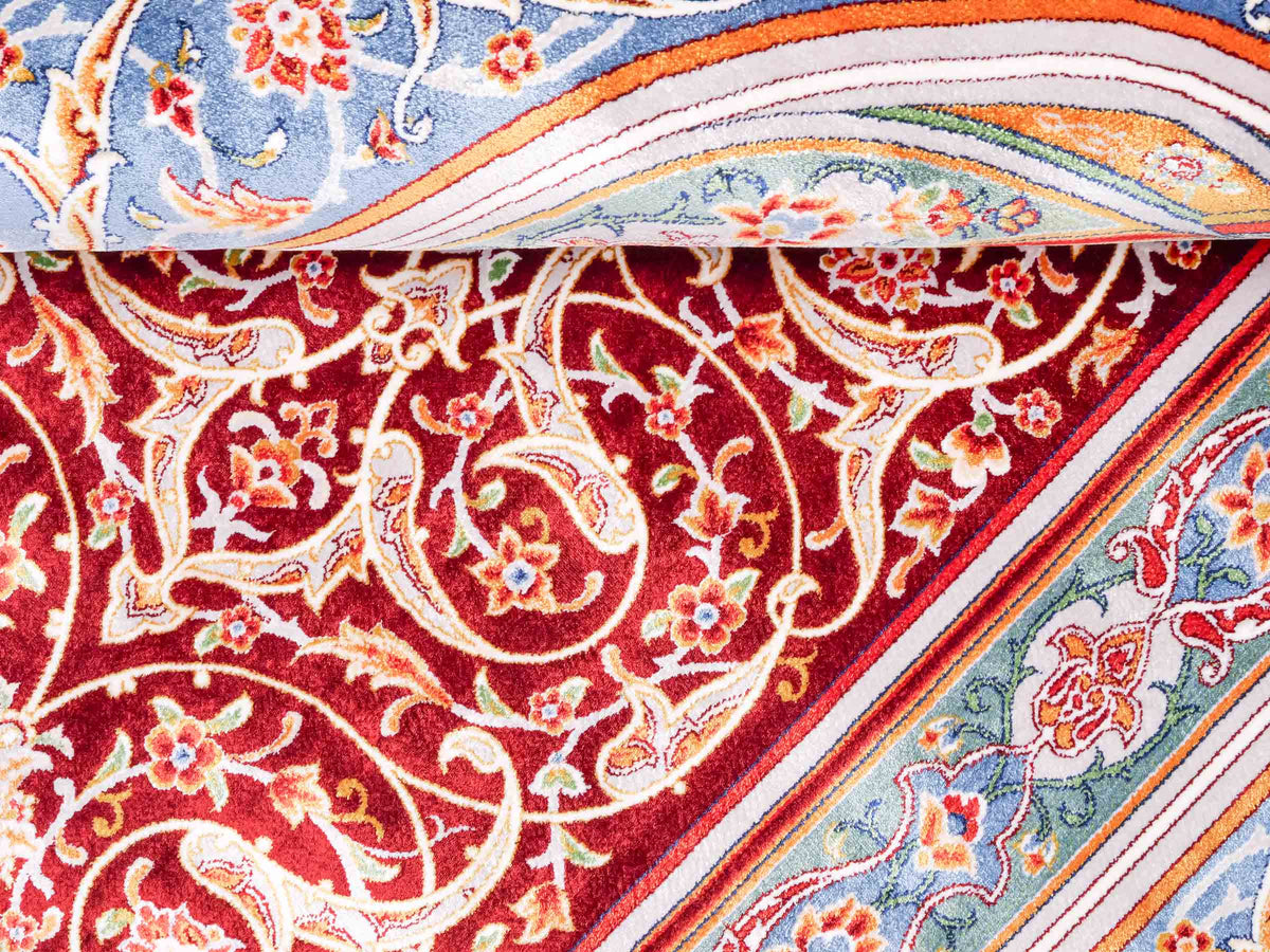 Ghom Gebetsteppich "Dua" 120 x 80 cm gewebt aus Bambusseide (Viskose), islamisches Design, Farbe: Rot-Blau. Teppichnummer: V98RD096M. Persian Luxury Collection by Khademi. Made in Iran / Persia – Vertrieb durch JUPITER Intl.