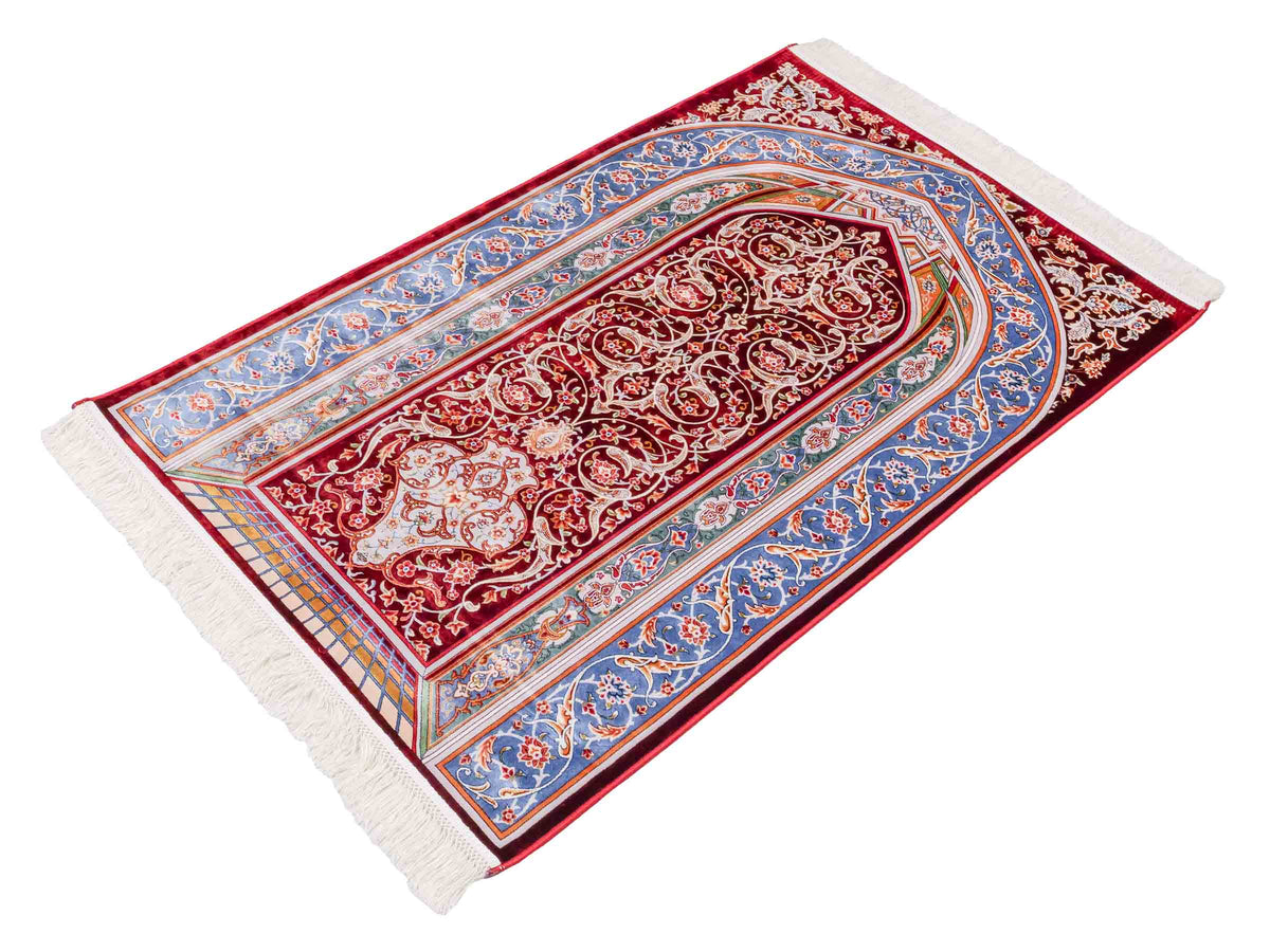 Ghom Gebetsteppich "Dua" 120 x 80 cm gewebt aus Bambusseide (Viskose), islamisches Design, Farbe: Rot-Blau. Teppichnummer: V98RD096M. Persian Luxury Collection by Khademi. Made in Iran / Persia – Vertrieb durch JUPITER Intl.