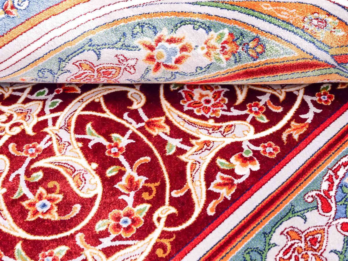 Ghom Gebetsteppich "Dua" 120 x 80 cm gewebt aus Bambusseide (Viskose), islamisches Design, Farbe: Rot-Blau. Teppichnummer: V98RD096M. Persian Luxury Collection by Khademi. Made in Iran / Persia – Vertrieb durch JUPITER Intl.