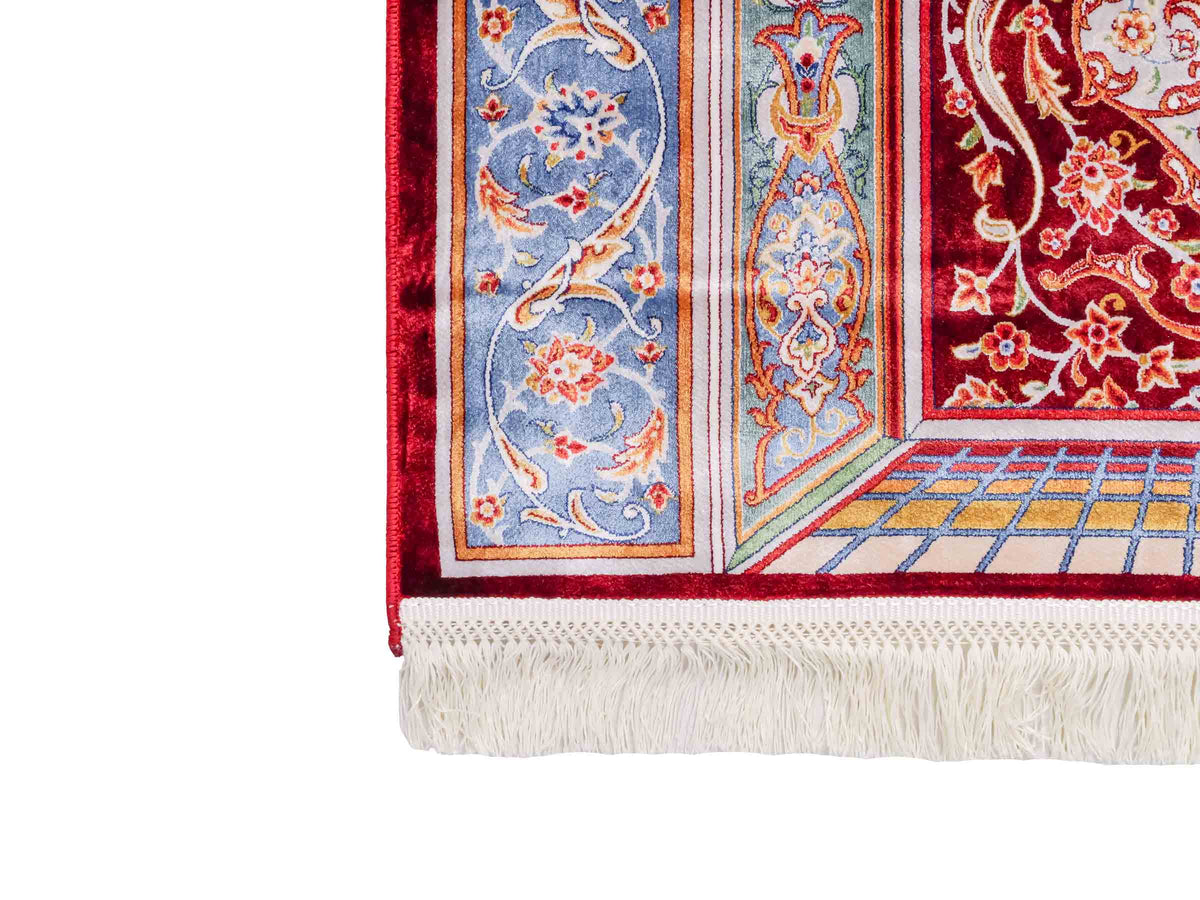Ghom Gebetsteppich "Dua" 120 x 80 cm gewebt aus Bambusseide (Viskose), islamisches Design, Farbe: Rot-Blau. Teppichnummer: V98RD096M. Persian Luxury Collection by Khademi. Made in Iran / Persia – Vertrieb durch JUPITER Intl.