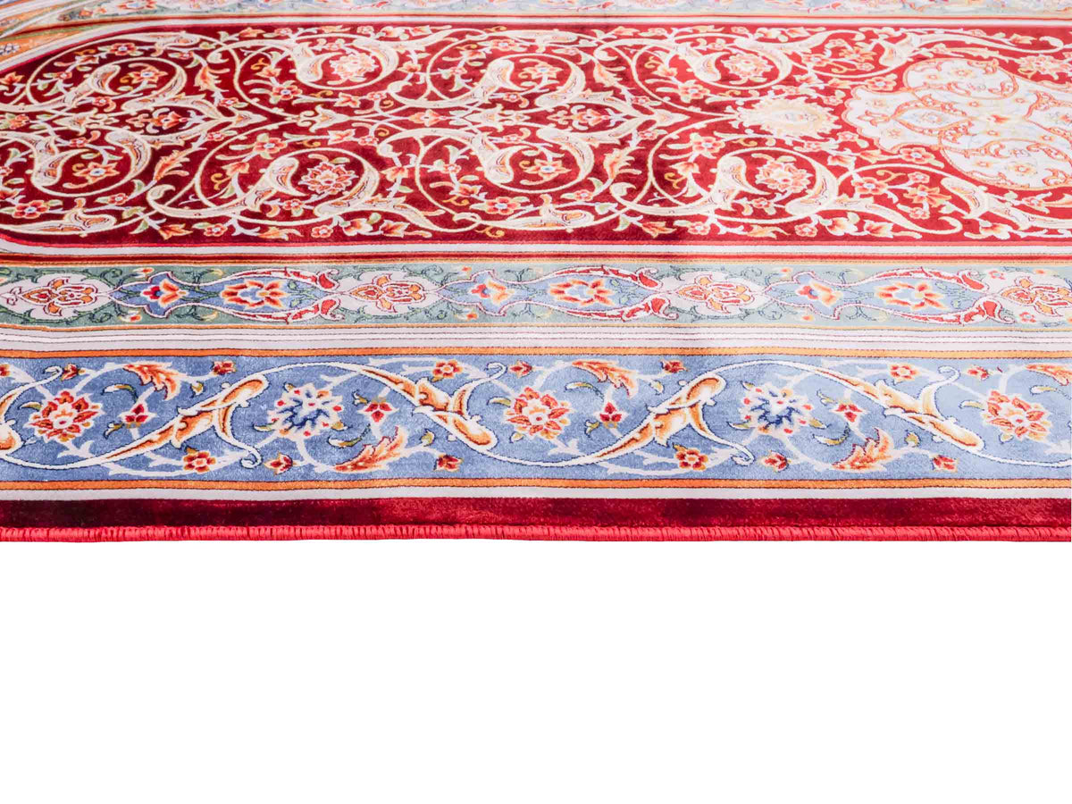 Ghom Gebetsteppich "Dua" 120 x 80 cm gewebt aus Bambusseide (Viskose), islamisches Design, Farbe: Rot-Blau. Teppichnummer: V98RD096M. Persian Luxury Collection by Khademi. Made in Iran / Persia – Vertrieb durch JUPITER Intl.